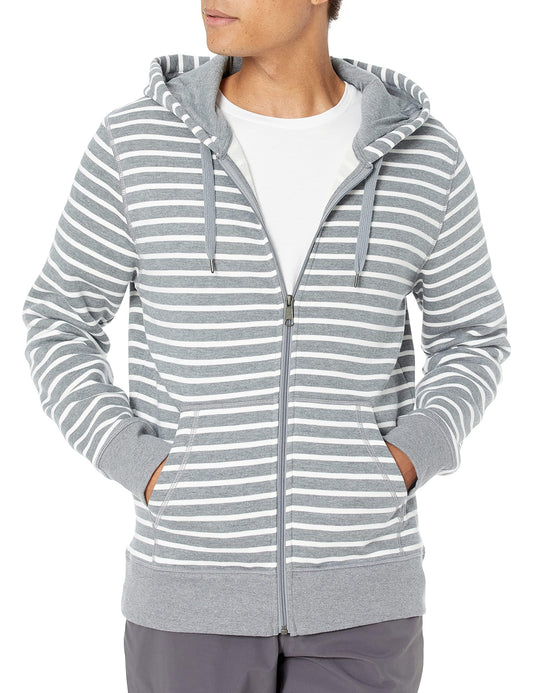 Amazon Essentials Men's Full-Zip Hooded Fleece Sweatshirt, Grey Heather Stripe, Medium