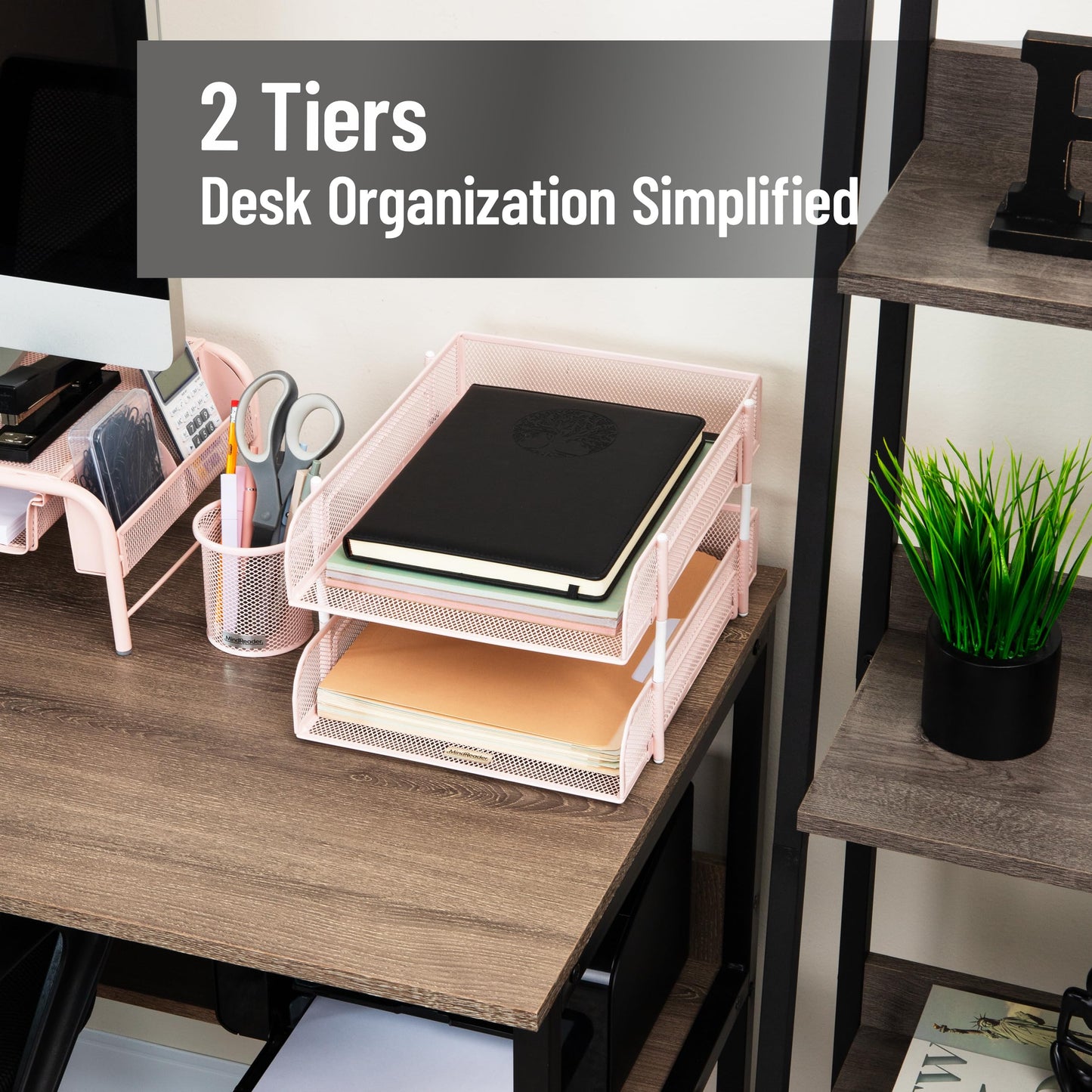 Mind Reader 2-Piece Stackable Metal Mesh Letter Tray, Desktop File Organizer, Document Holder, Magazine Storage, Pink