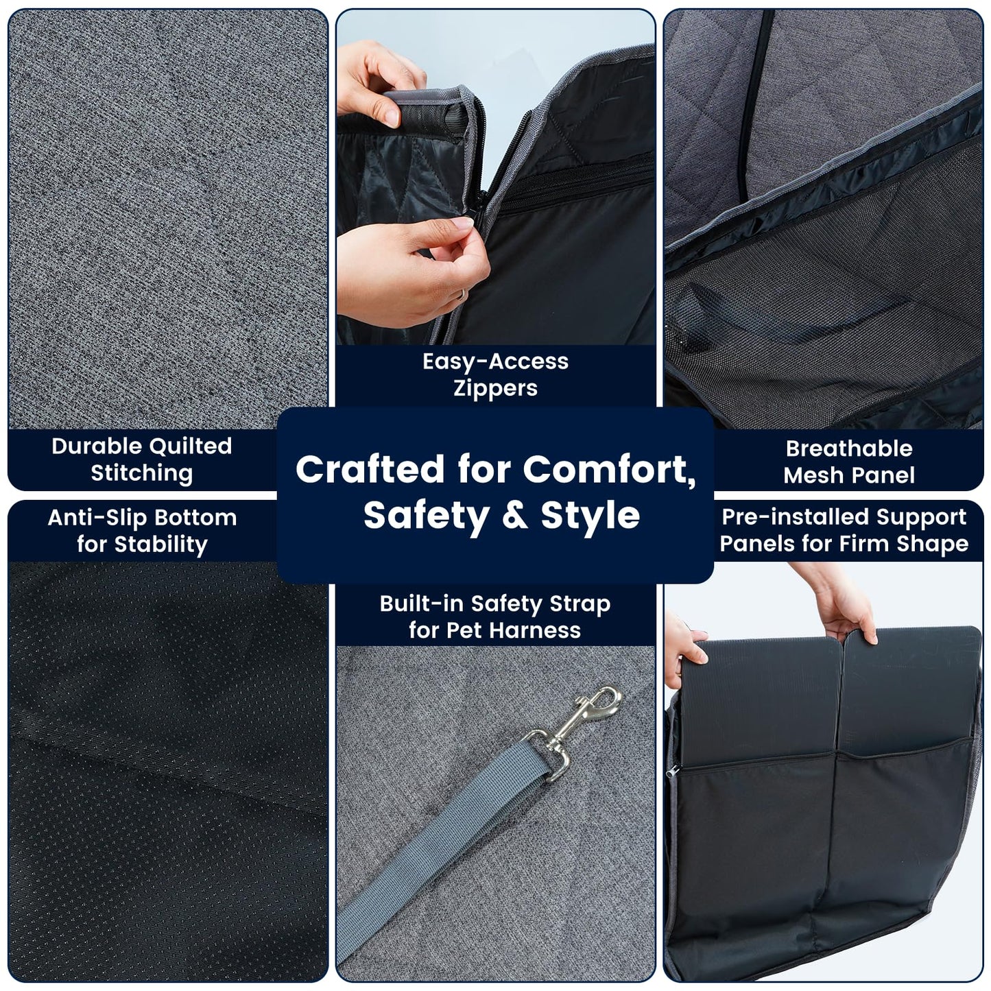 Dog Car Seat for Small/Medium Dogs with Central Console and Door Protection – Full Coverage Pet Booster Seat with Mesh Window, Zippered Side Flaps, Safety Buckle, Machine Washable, Grey Linen Fabric