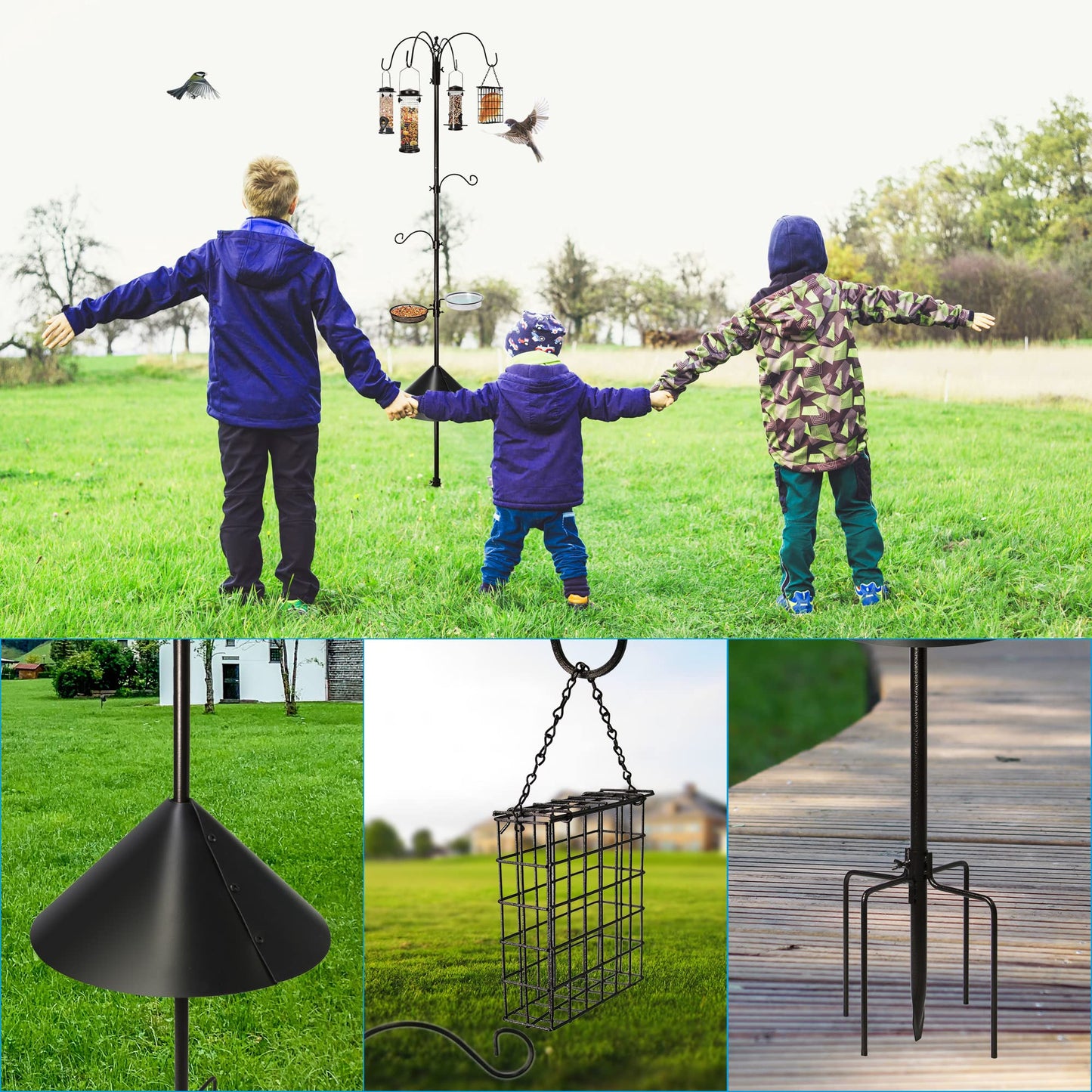 Ointo Garden 6-Hook Bird Feeding Station, Steel Multi-Feeder Kit Stand for Attracting Wild Birds w/ 4 Bird Feeders, Bird Bath, Mesh Tray and Squirrel Guard Baffle，94 Inch