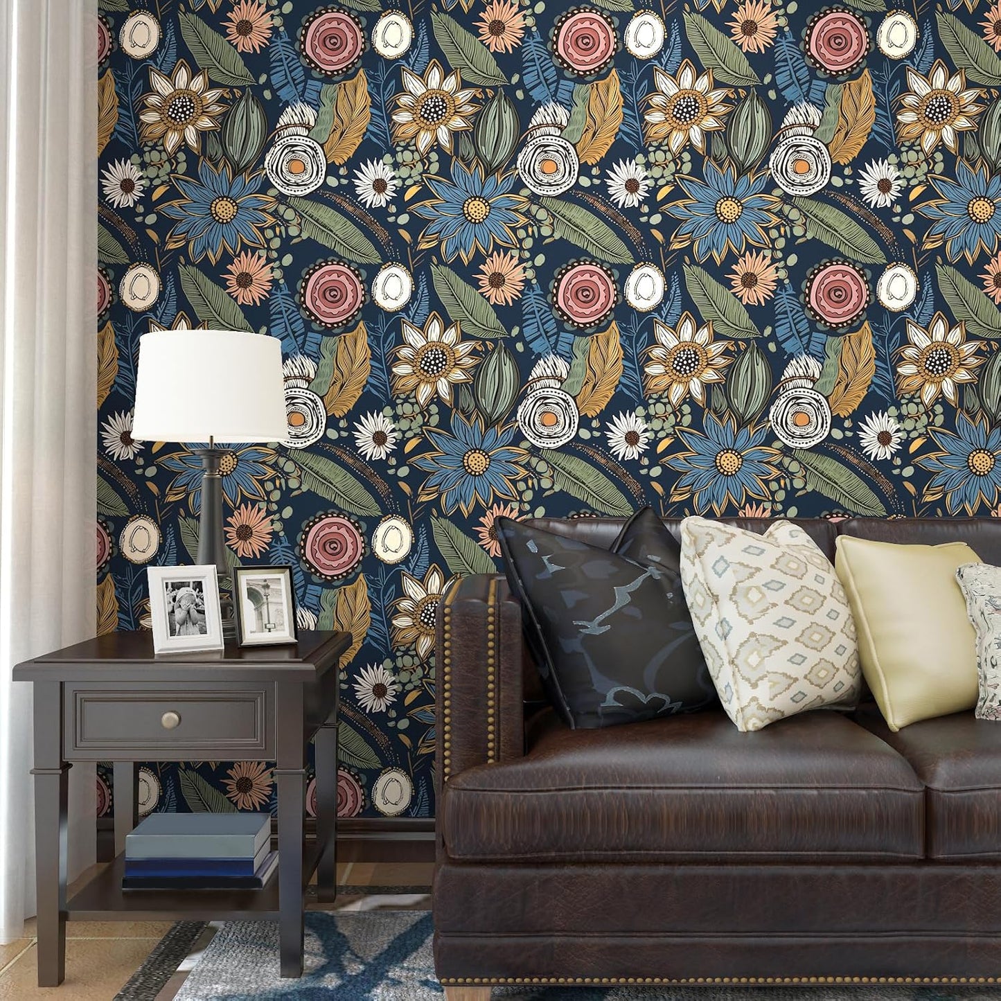 Boho Wallpaper Peel and Stick,Vintage Floral Contact Paper 17.5" x 118", Retro Botanical Flower Wall Paper Self Adhesive Removable Waterproof for Walls Shelves Cabinet Table (Blue,Yellow, Green)