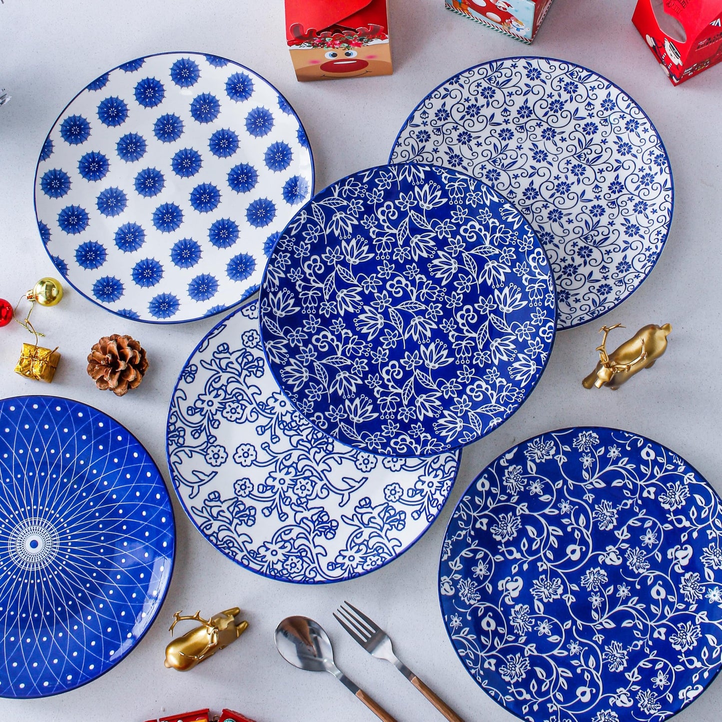 Cerkik Ceramic Dinner Plates Set - 10.5 Inch / 27 cm Large Porcelain Salad Serving Plate for Pasta Steak Pancakes Pizza - Scratch Resistant Microwave Oven Dishwasher Safe - Set of 6 - Vintage Blue