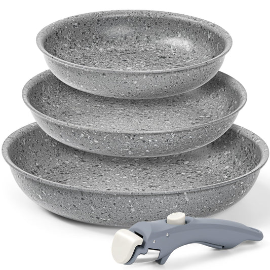 MICHELANGELO Nonstick Frying Pan Set, 8" 9.5" and 11" Fry Pans with Removable Handle, Ultra Non Stick Granite Coating Skillet, Induction Pans with Detachable Handle for Cooking & RV Camping, Gray