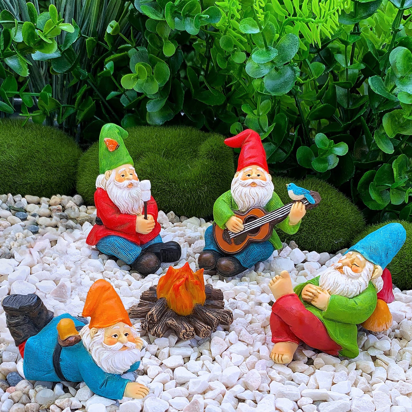 Mood Lab Miniature Garden Gnomes - Camping Gnome Figurines & Accessories Set (5 pcs) 2.6" H - Indoor Outdoor Garden Decor