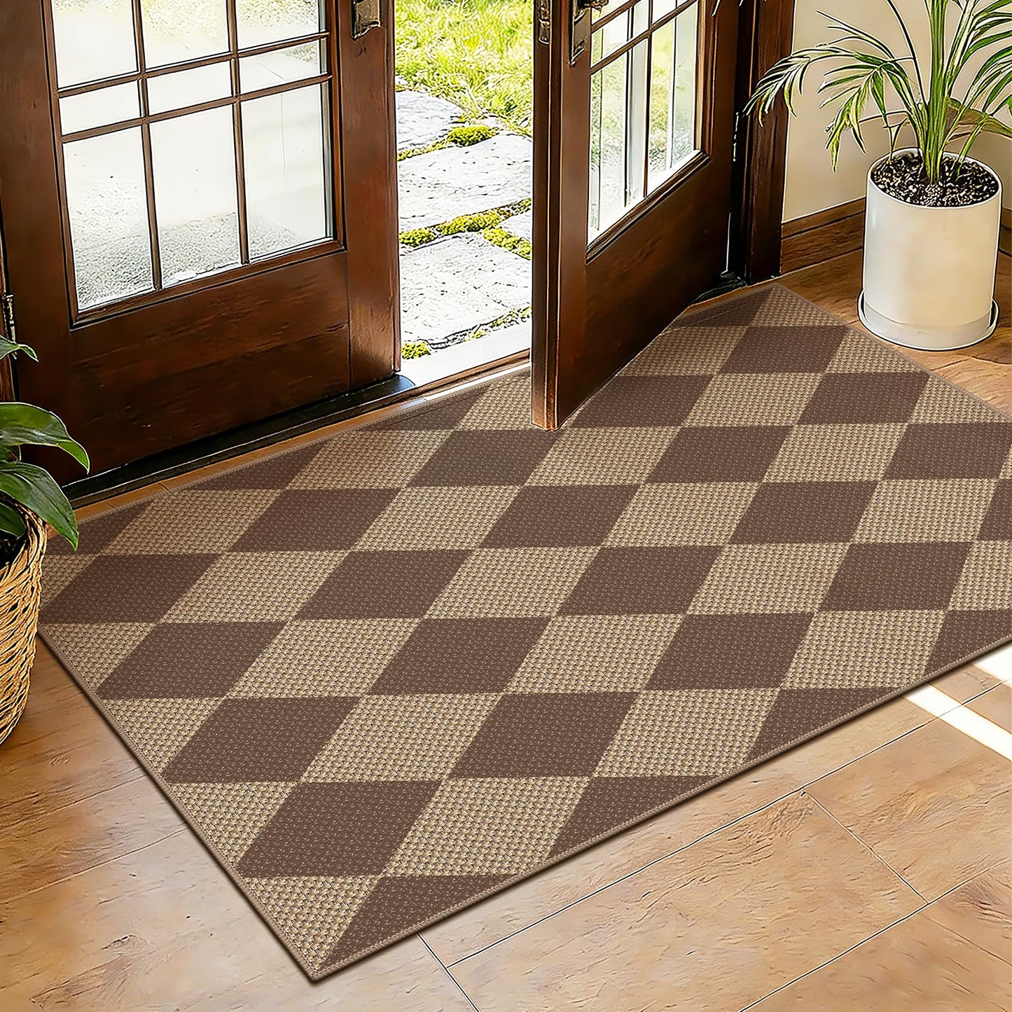 Capslpad Indoor Door Mat 32"x48",Non-Slip Checkered Front Door Mat Indoor,Easy Jute Low-Profile Entryway Mat,Mud Trapper Absorbent Inside Floor Mats Area Rug for Entrance Entry(Nature/Brown)