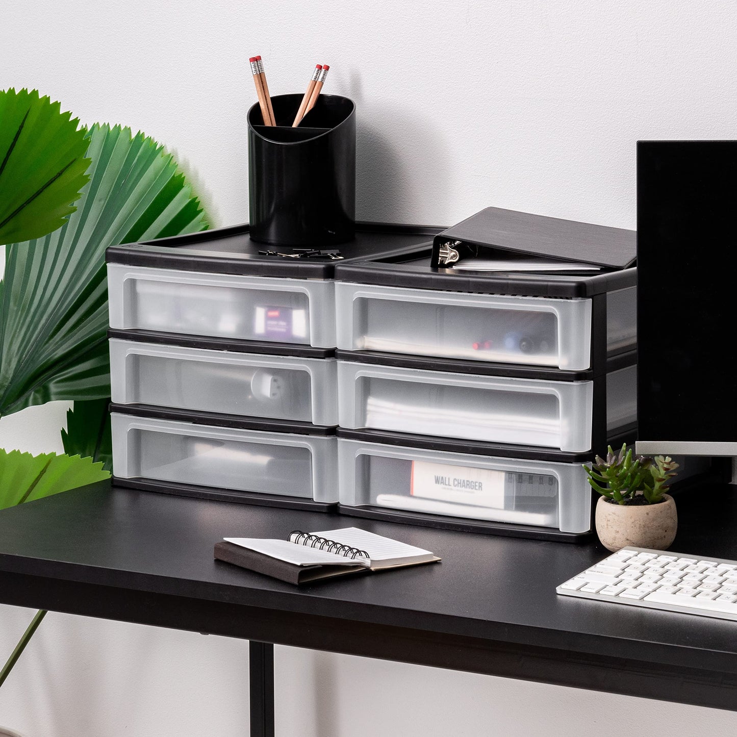 IRIS USA Medium 3-Drawer Stacking Desktop Organizer, 2 Pack, Plastic Drawer Storage Container for Stationery Art Craft Supplies Kitchen Office Garage and Small Business Organization, Black