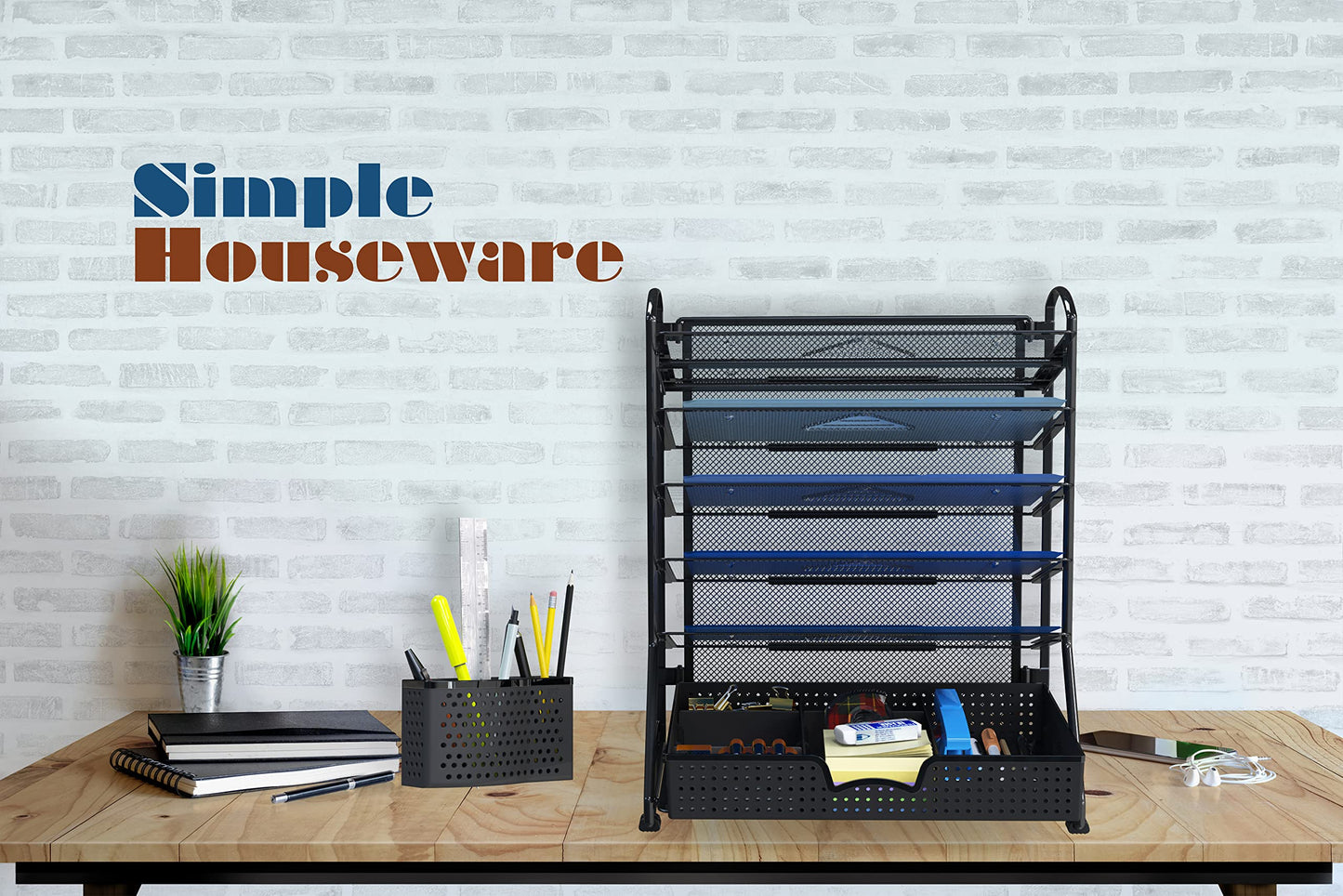 Simple Houseware 6 Trays Desk Document File Tray Organizer with Sliding Drawer, Black