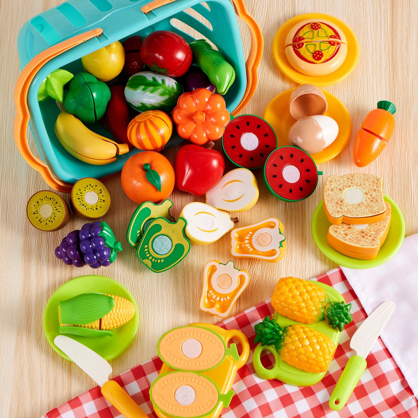 JOYIN 68Pcs Cutting Play Food Toy for Toddlers Kitchen, Fake Food for Kids Play Kitchen, Includes Plastic Fruit &Vegetables, Easter Basket, Mini Dishes and Knife, pretend role play Toys, Toddler Gifts