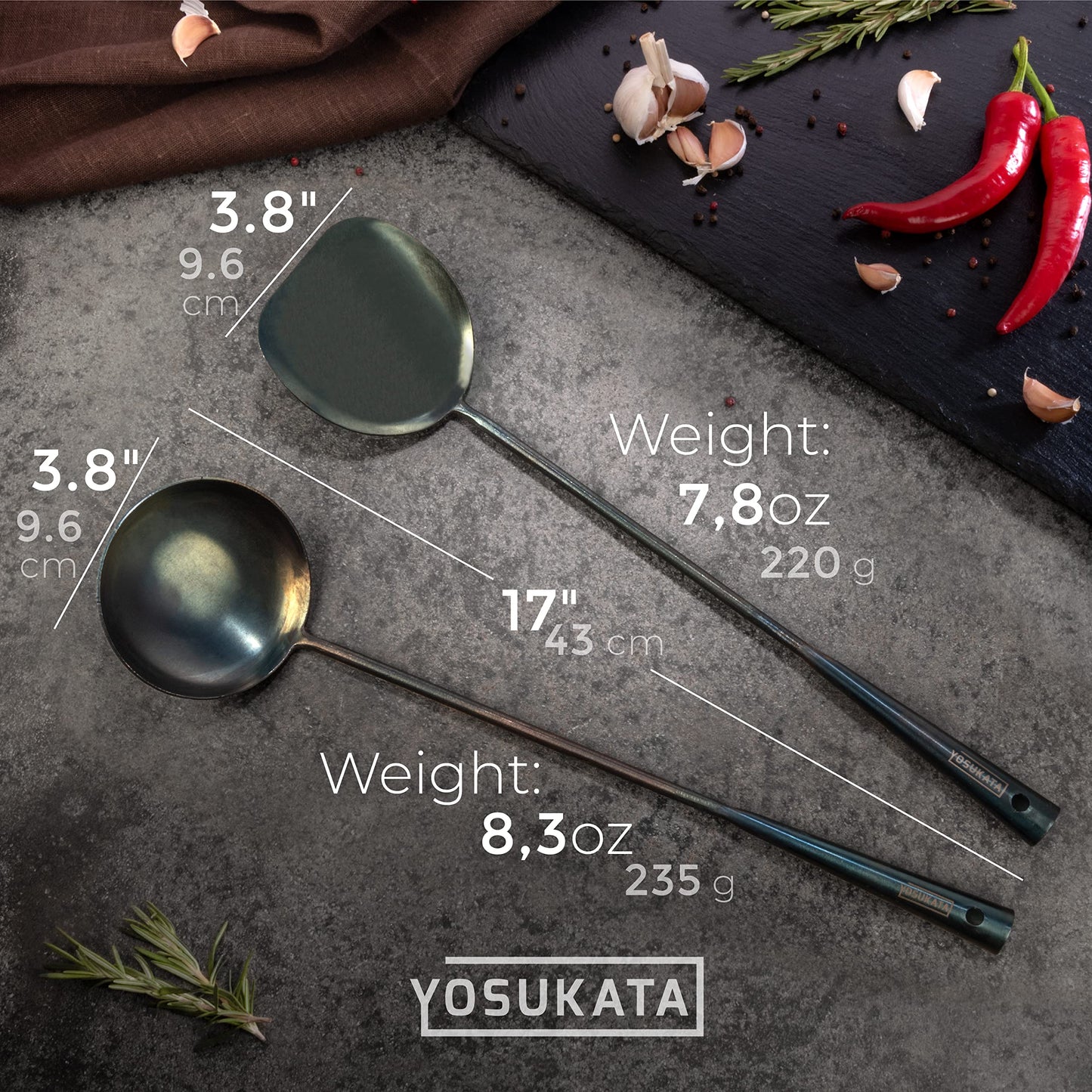 YOSUKATA Pre-Seasoned Wok Utensils Set - Blue Carbon Steel 17-inch Wok Spatula, Wok Ladle, 3 Pairs of Chopsticks - Durable Wok Accessories - Traditional Asian Cooking Tools - Wok Tools