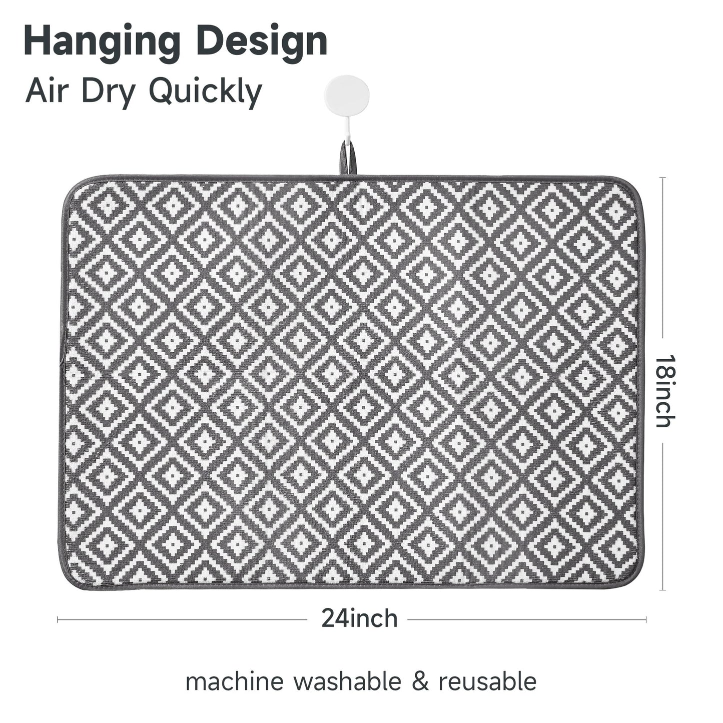 Subekyu 2 Pack Dish Drying Mat, 24 * 18 inch Ultra Absorbent Microfiber Dishes Drainer Mats for Kitchen Counter, Large Size Dish Drying Pad with Rhombus Patterns