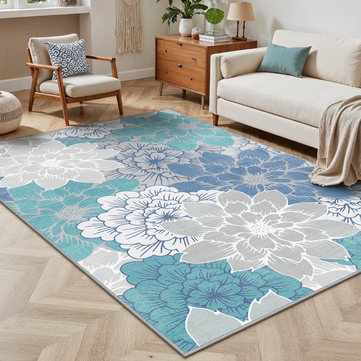 GENIMO Indoor Outdoor Area Rug 5' X 7' Waterproof, Washable Patio Rug Non Shedding, Easy Cleaning Floral Outdoor Carpet for Living Room, Bedroom, Dining Room, Balcony, Backyard, Deck, RV, Light Blue