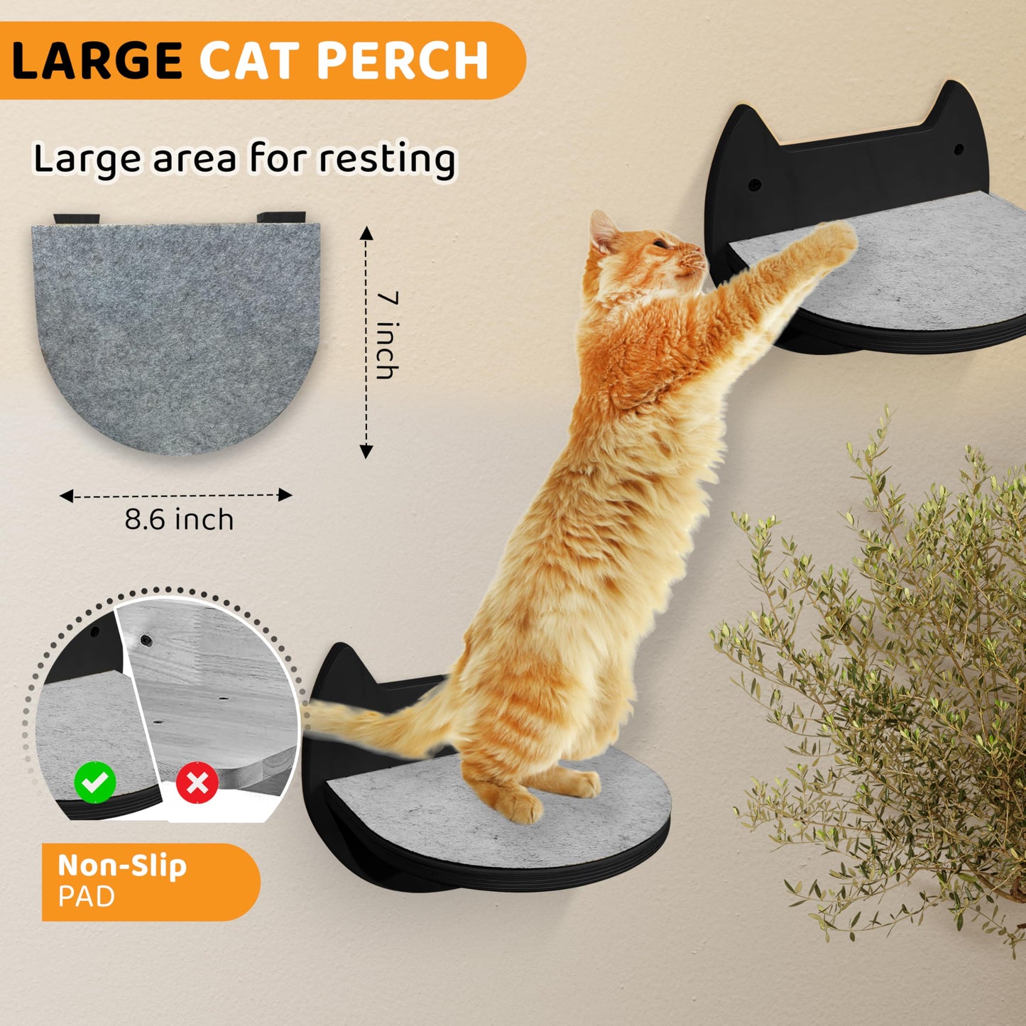 BUOGA Cat Wall Shelves with 3 Steps – Modern Mounted Cat Wall Furniture & Shelf, Premium Hardwood cat Bed for Climbing, Sleeping & Lounging, Indoor Hammock for Large Cats - Black