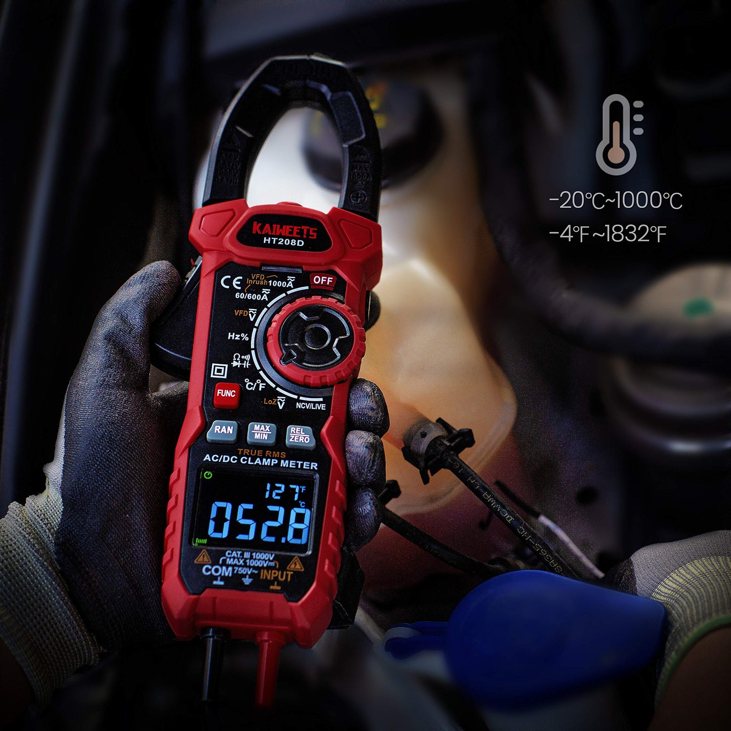 KAIWEETS Inrush Clamp Meter 1000A True RMS AC/DC Current Amp Meter, VFD, LOZ Mode, 6000 Counts, Measures Current Voltage Temperature Capacitance Resistance Diodes Continuity Duty-Cycle(HT208D)