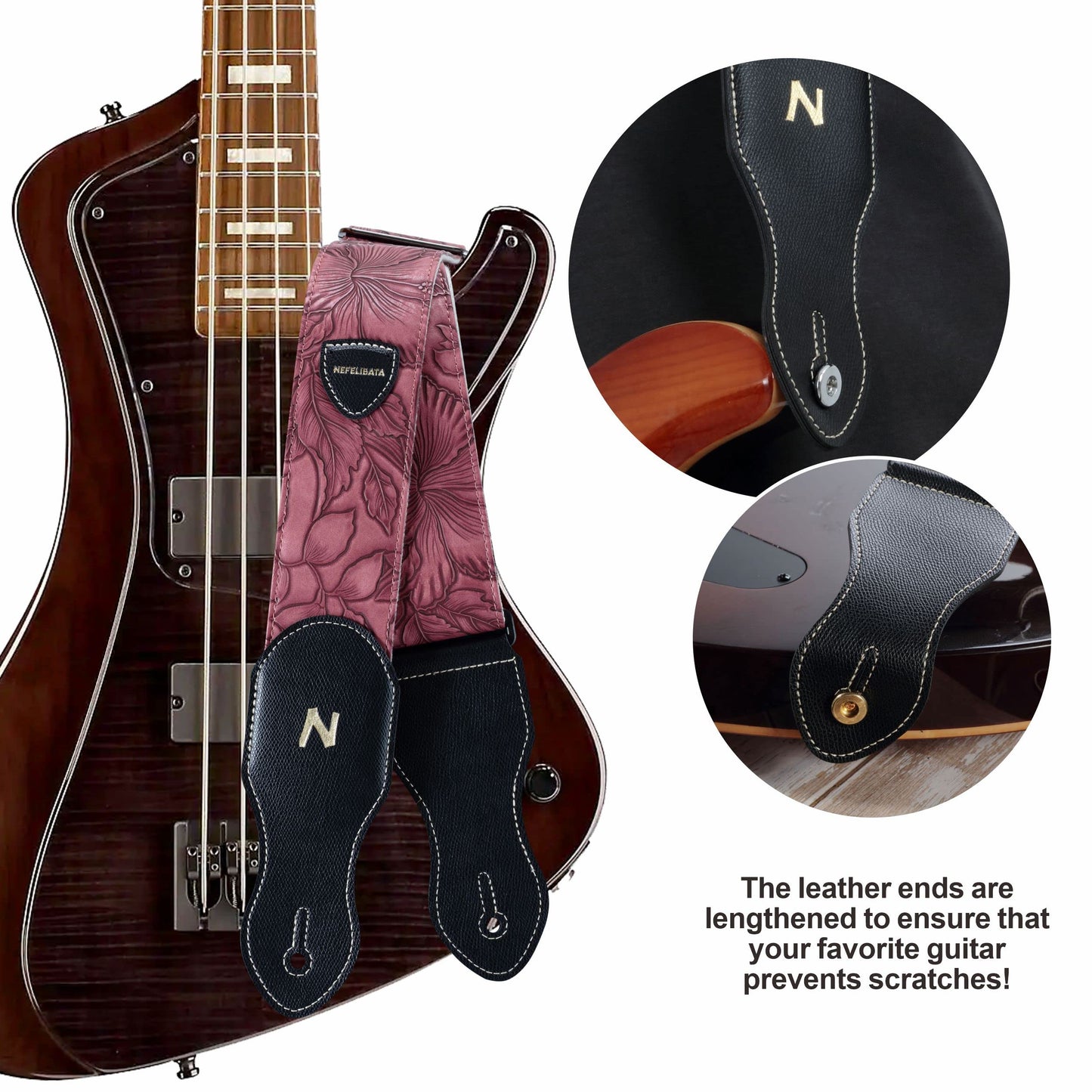 Nefelibata Guitar Strap with Pick Pocket,2.3 inch Porter Style Leather Carving Guitar Straps with Leather Ends,60s Vintage Style Include Guitar Picks,Strap Button and Strap Locks (Red)