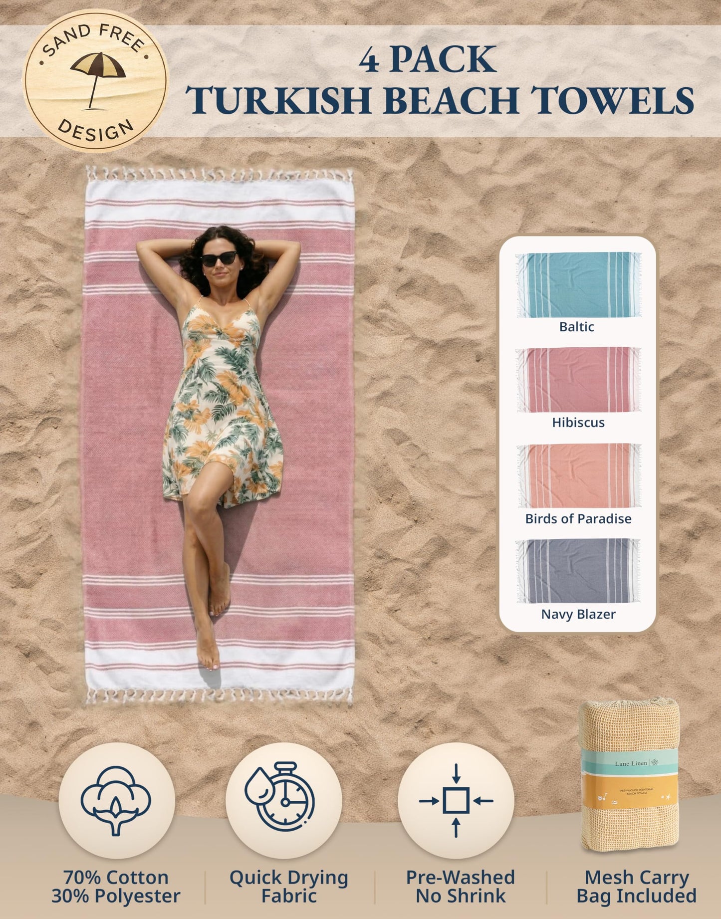 Lane Linen 4 Pack Beach Towels - Cotton Oversized Beach Towel, Pre-Washed Quick Dry Beach Towel, Extra Large Pool Towel, Lightweight Beach Towel Sandproof, Absorbent Travel Bath Towel - Multi