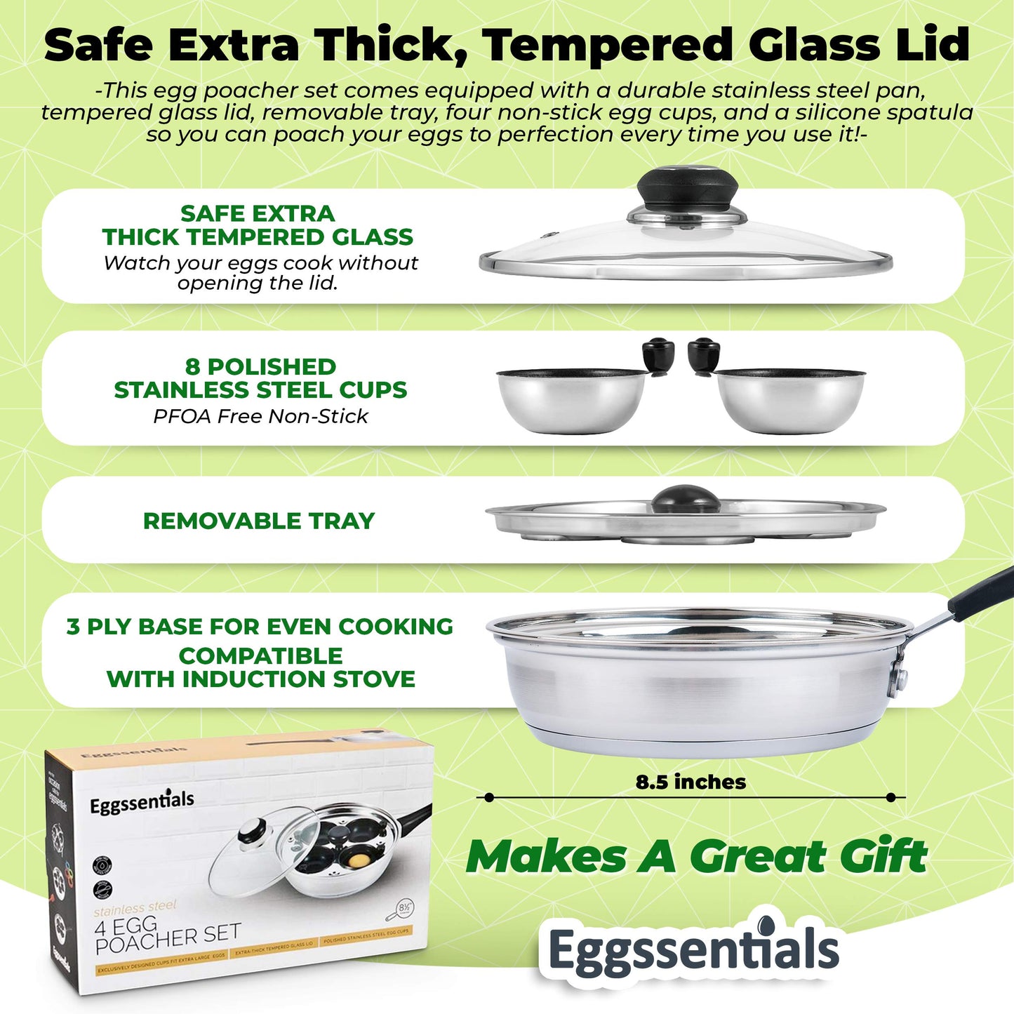 Egg Poacher Pan Nonstick Poached Egg Maker, Stainless Steel Egg Poaching Pan, Poached Eggs Cooker Food Grade Safe PFOA Free with Spatula