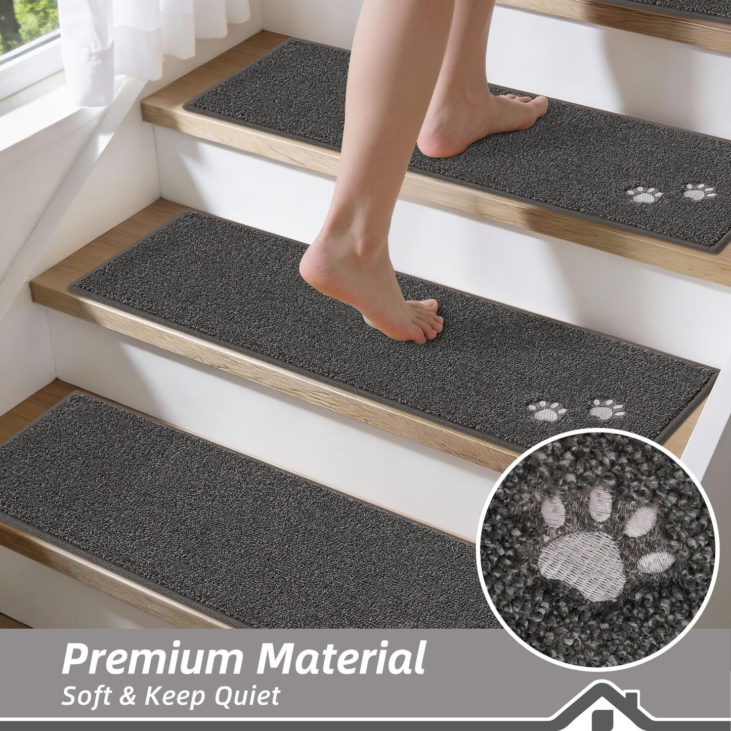 BEQHAUSE Stair Treads for Wooden Steps Non-Slip Machine Washable Carpet Stair Treads 28"X9" Soft Indoor Stair Runner for Kids Elders and Pets, 100% Polyester, 4pcs, Dark Grey