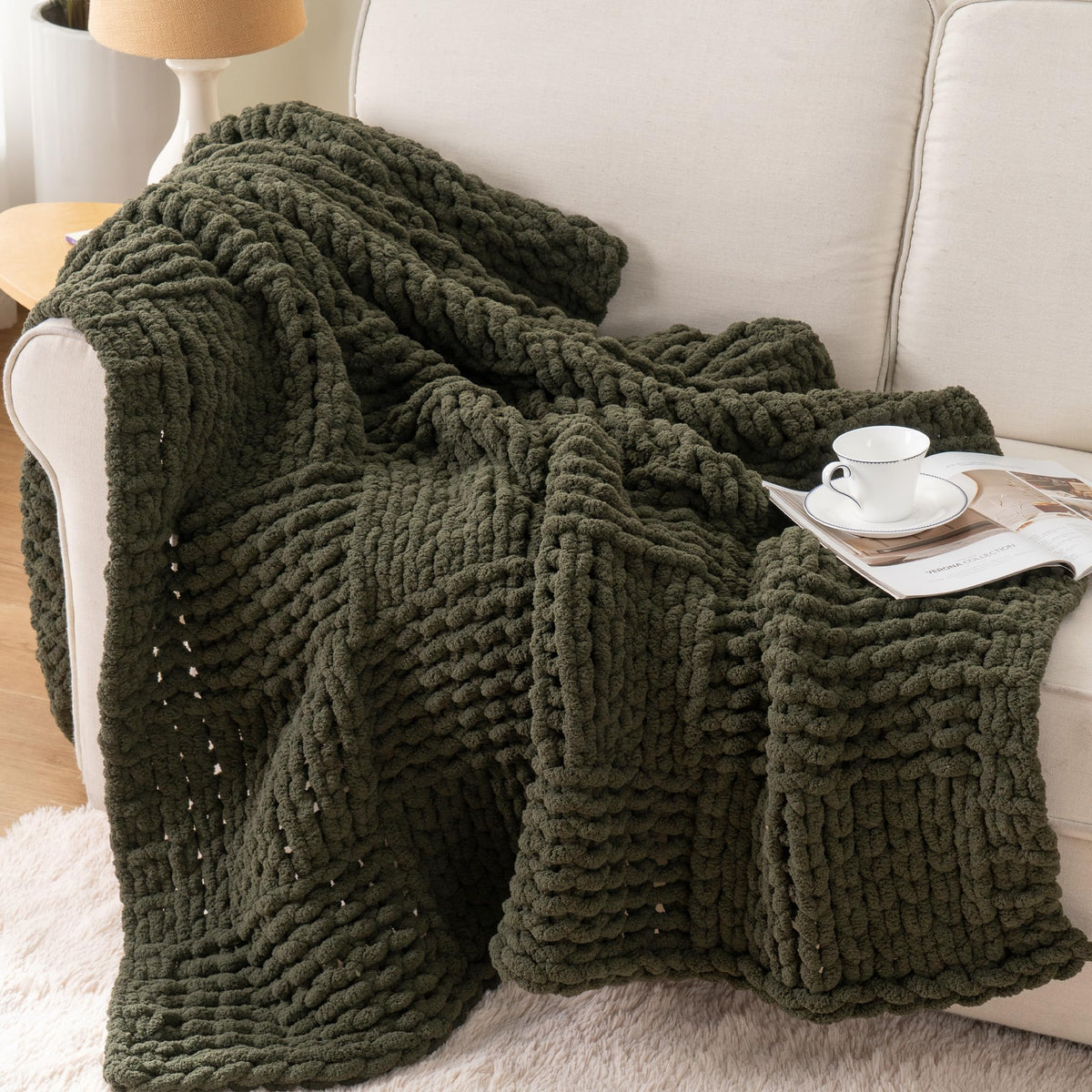 Bunnikins & Clover Olive Green Throw Blanket for Couch, Chunky Knit Blanket Throw with Chenille Yarn for Bed Living Room Home Decor, 50"x60"