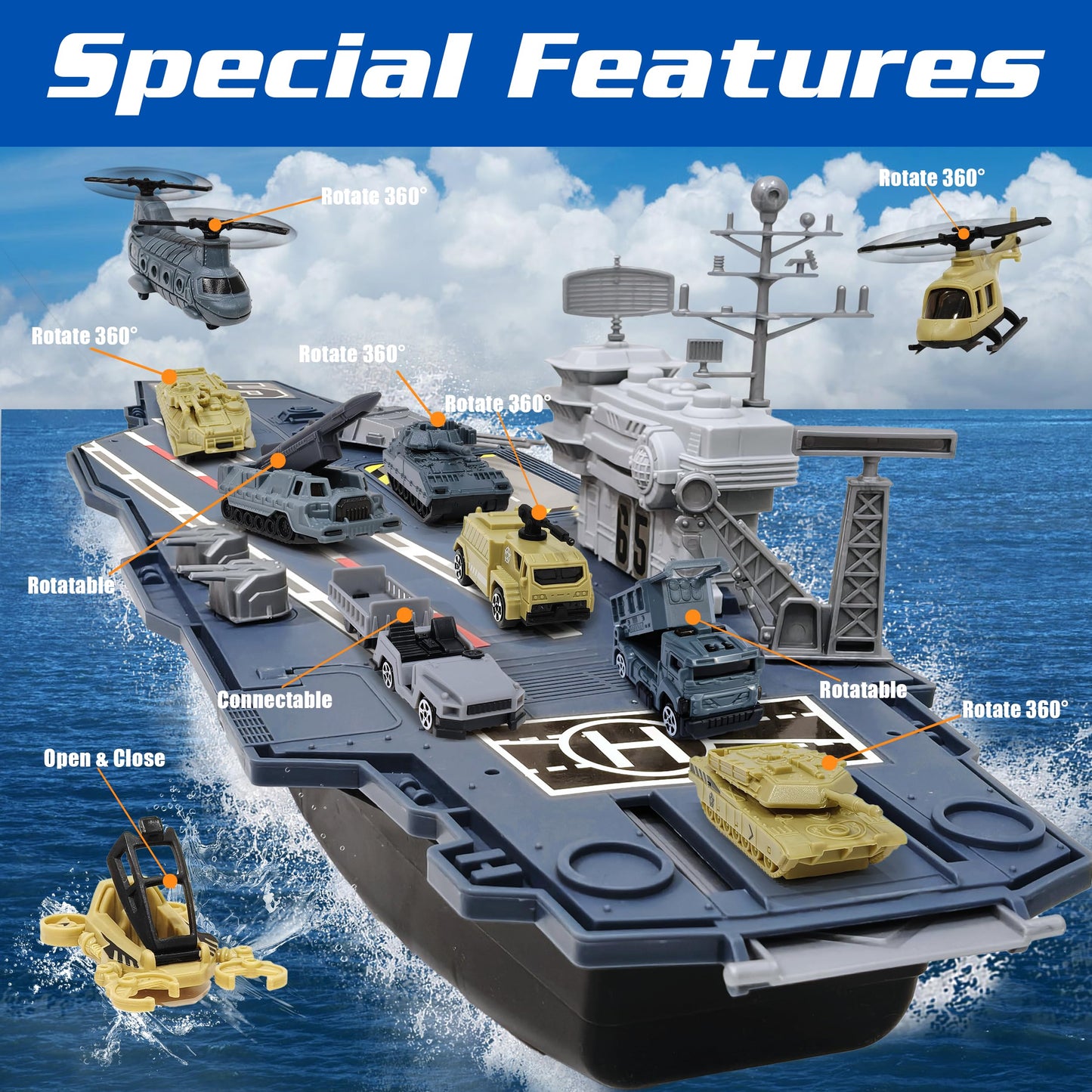 28 Inches Military Aircraft Carrier Toys, Army Toys Playset with 18 Vehicles, Battleship Tank Airplane Helicopter Fighter Jets and Army Men Action Figures for Boys Girls Imaginary Pretend Play