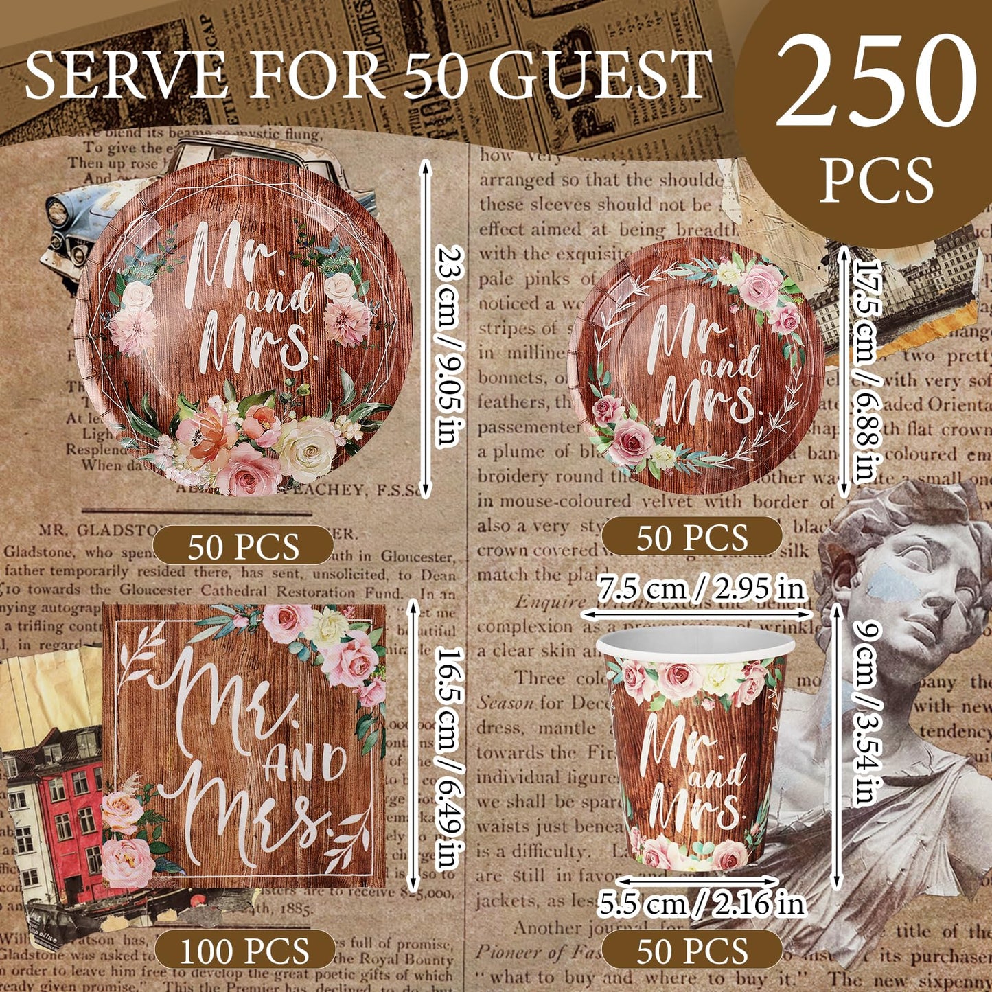 250 Pcs Bridal Shower Plates and Napkins Sets, 9'' Dinner Plate, 7'' Dessert Plate, 9 Oz Cup, Wedding Paper Plates for 50 Guests, Wedding Supplies Engagement Party Decorations - Retro Wood Grain