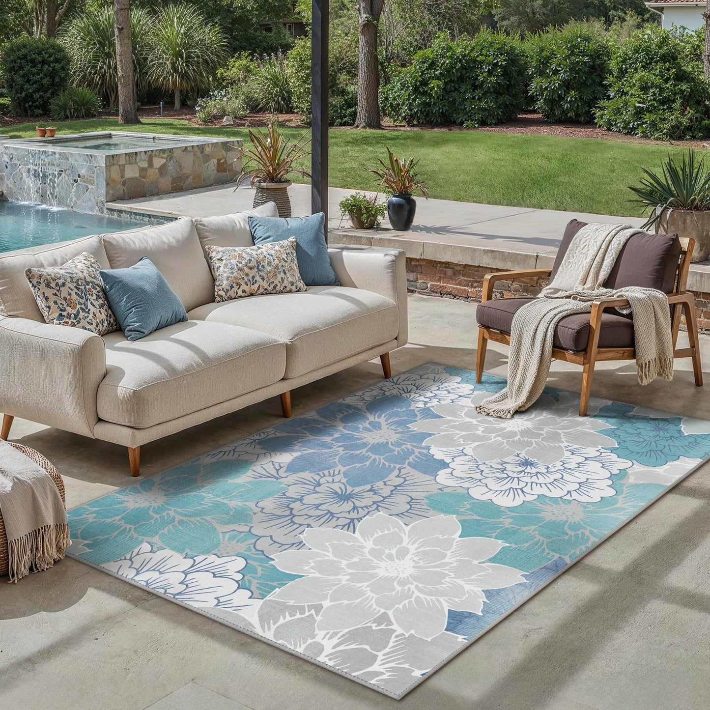 GENIMO Indoor Outdoor Area Rug 5' X 7' Waterproof, Washable Patio Rug Non Shedding, Easy Cleaning Floral Outdoor Carpet for Living Room, Bedroom, Dining Room, Balcony, Backyard, Deck, RV, Light Blue