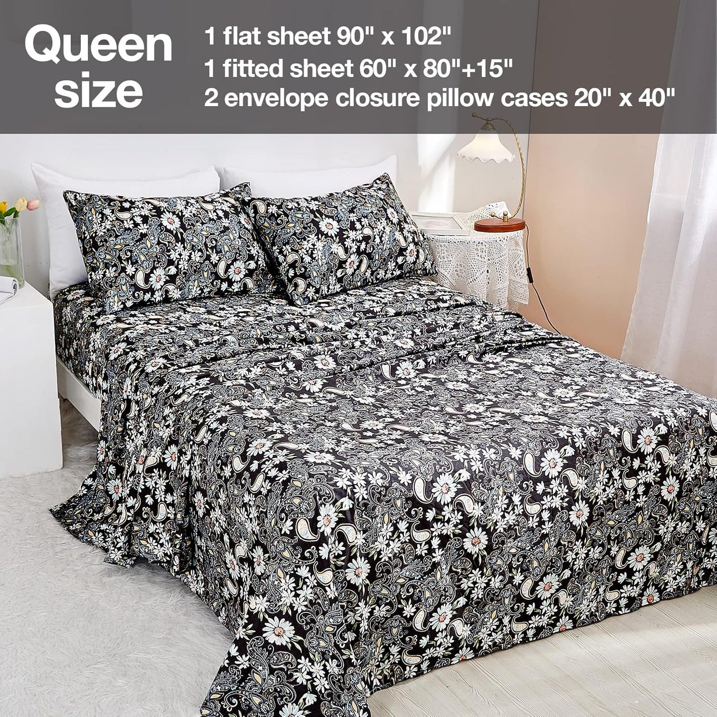 JSD Queen Paisley Floral Print Sheet Set 4 Piece Black Pattern Soft Microfiber Bedding Sheets 15" Extra Deep Pocket