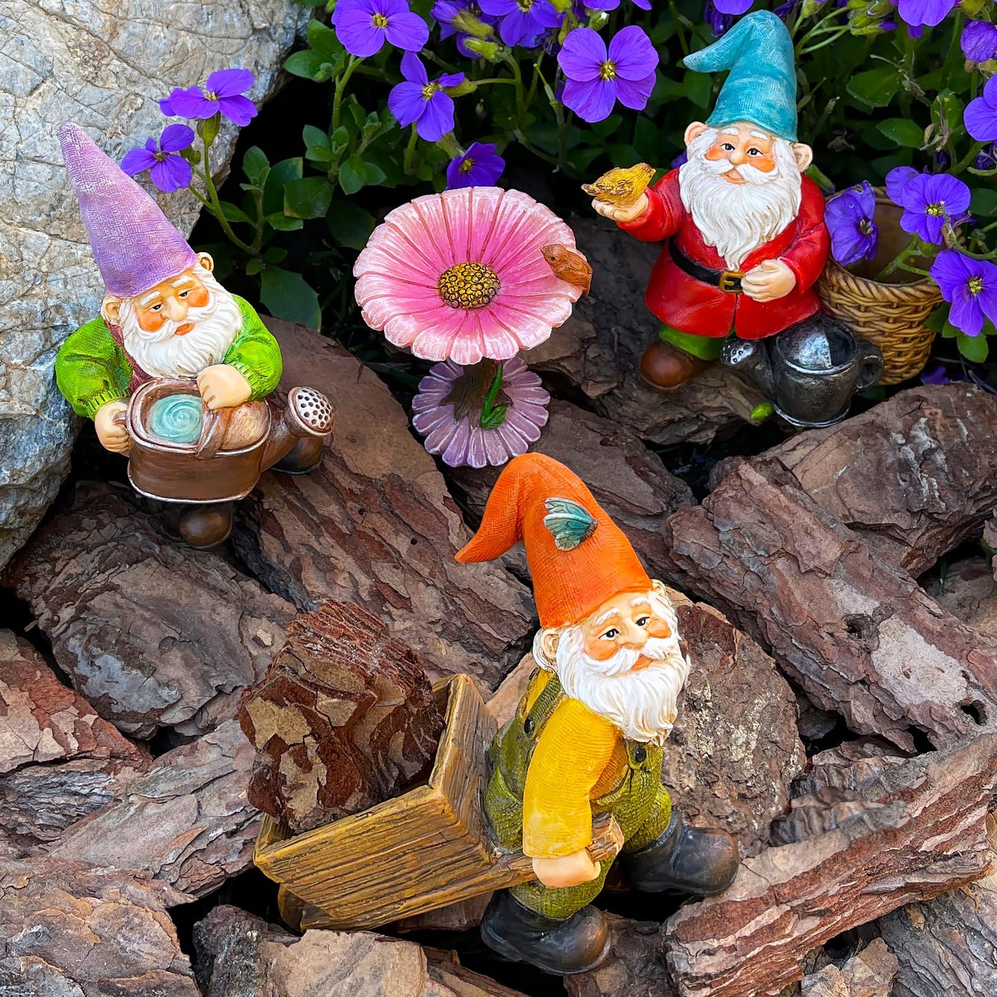 Mood Lab Miniature Garden Gnomes - Gardening Gnome Figurines & Accessories Set (4 pcs) 3.5" H - Indoor Outdoor Garden Decor