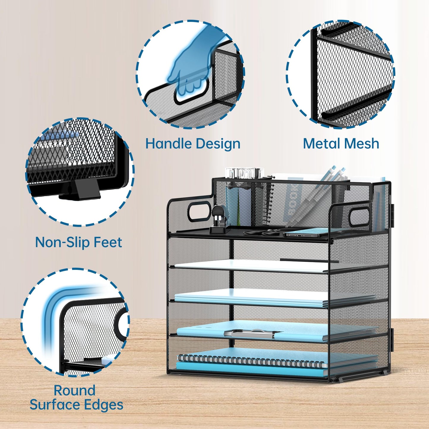 JMHUD 5-Tier Paper Organizer Letter Tray with Pen Holder, Mesh Desk File Organizer with Handle, File Storage for Office, Home or School, Black