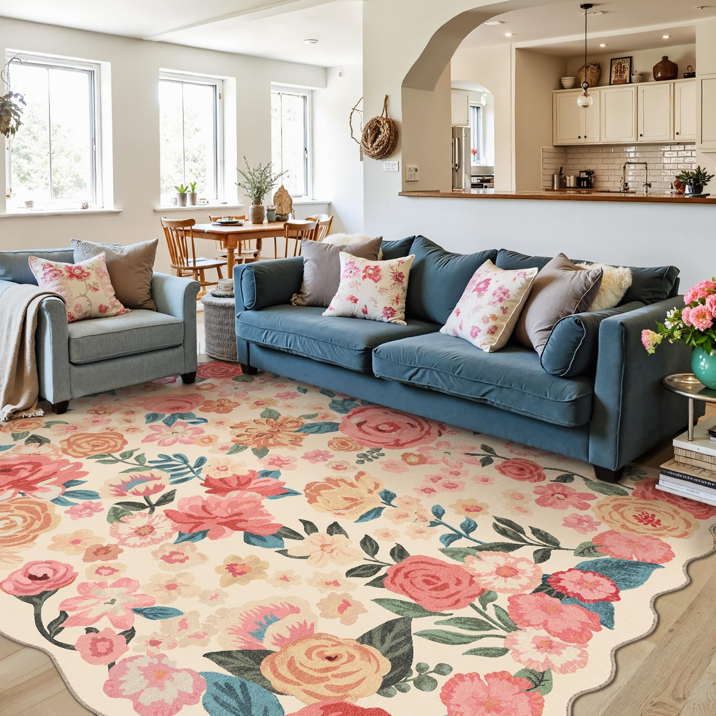 PureCozy Washable Floral Area Rug 5x7 Beige Living Room Carpet Scalloped Flower Non Slip Soft Bedroom Rug Farmhouse Low Pile Thin Indoor Floor Cover for Office Dining Room Kitchen Bathroom