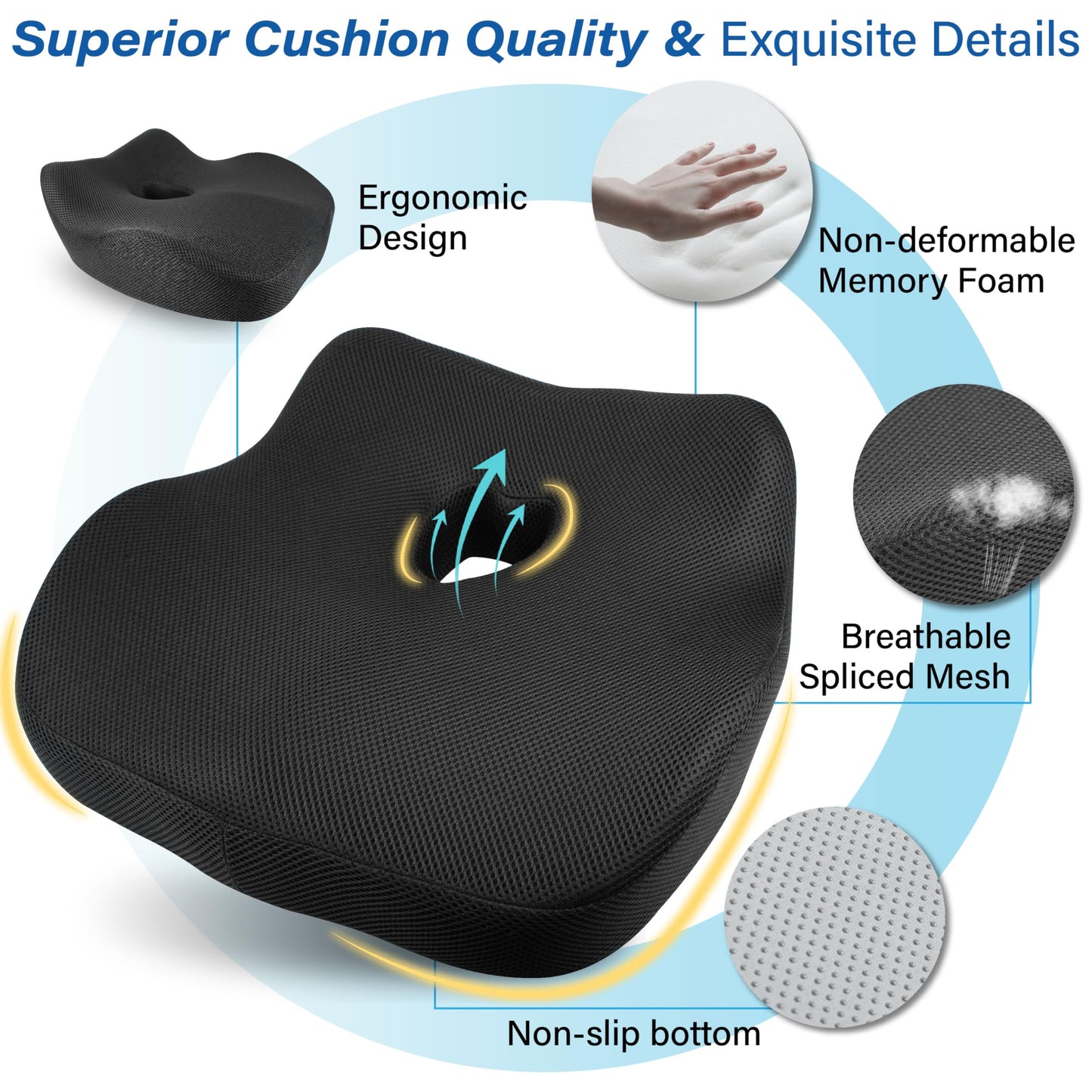 Car Seat Cushion, Ergonomic Memory Foam Car Cushion for Sciatica Pain Relief, Larger Driving Seat Pillow for Short Drivers on Long Drives - Butt Pillow for Truck, Office, Wheelchair - Classic Black