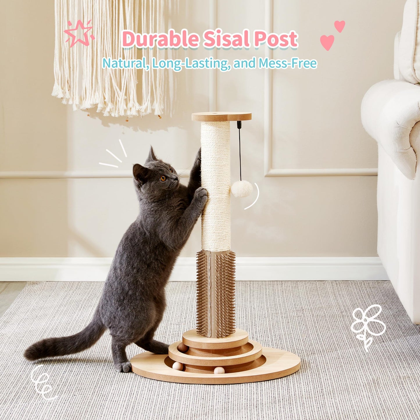 Made4Pets Wooden Cat Scratching Post with Interactive Toys & Brush Scratching Post for Indoor Cats/Kitten Toys 23" Tall Cat Scratcher with Dangling Plush Balls Modern for Medium/Small Cats