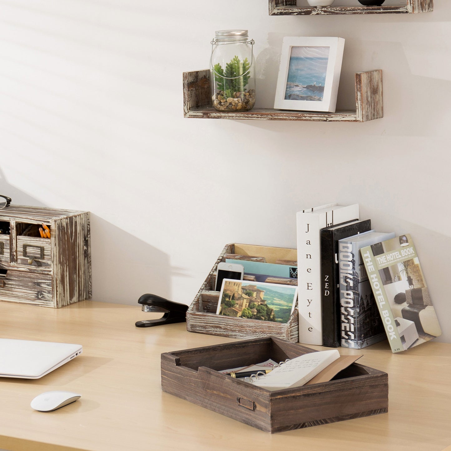 MyGift® Distressed Finish Brown Vintage Wood Office Desktop Paper, File, Folder, Magazine Holder Tray