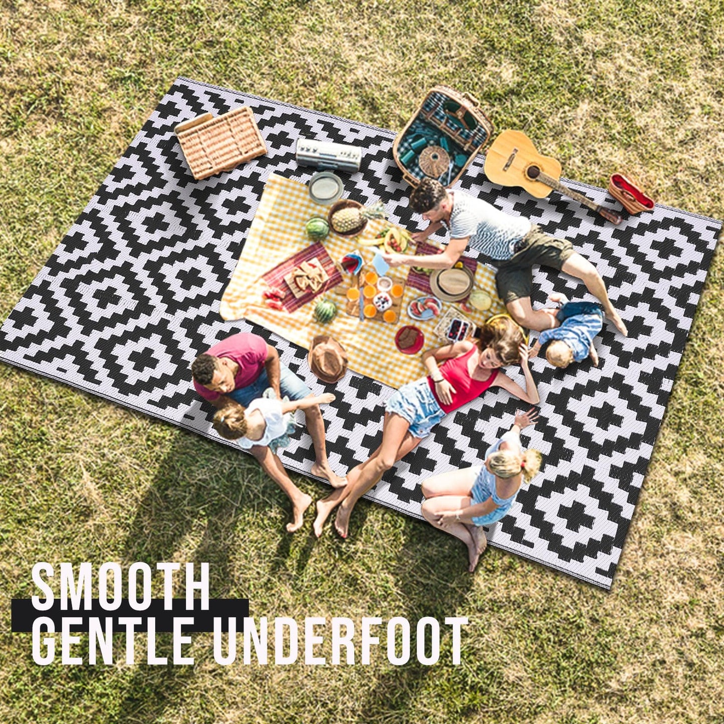 OLANLY Outdoor Rug Waterproof Reversible 5x8 ft, Durable Plastic Straw Patio Camping Carpet, Large Foldable RV Mat for Backyard, Deck, Picnic, Camper, Bench, All-Weather, Lightweight, Black & White