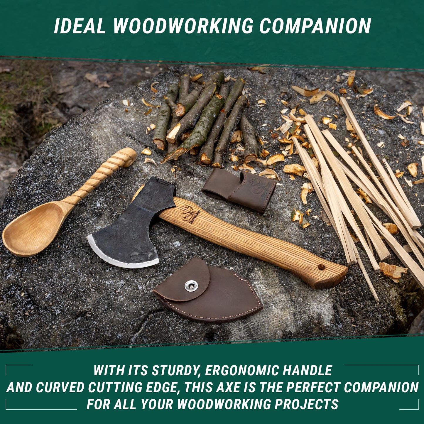 BeaverCraft Bushcraft Hatchet with Sheath for Camping AX3 - Small Wood Carving Axe - Forged Axes for Chopping - Forest Backpacking Hatchet with Wooden Handle - Firewood Splitting Axe, Gardening Axes