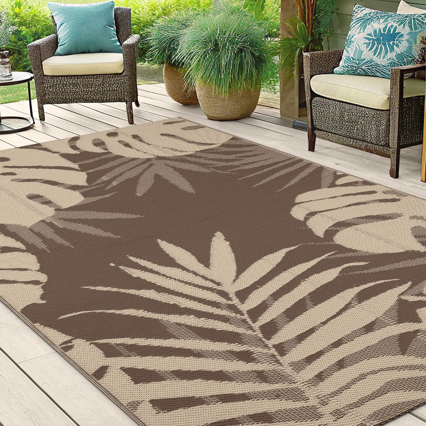 OLANLY Waterproof Outdoor Rug 4x6 ft, Plastic Reversible Patio Rug Outdoor Carpet, Large Leaf Outdoor Area Rug Deck Rugs for Patio, RV, Backyard, Deck, Picnic, Beach, Camping, Beige & Brown