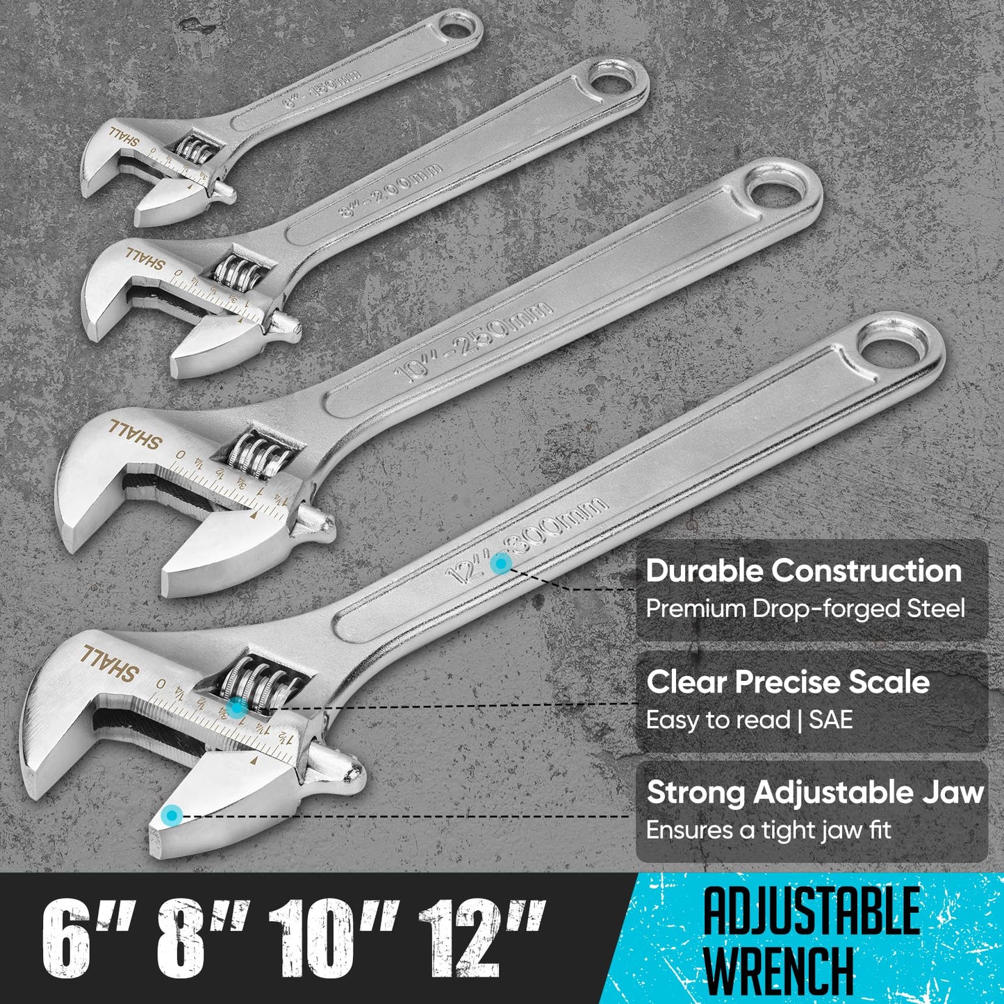 SHALL 8-Piece Adjustable Wrench & Water Pump Pliers Set, 12/10/8/6 Inch, 4Pcs Adjustable Tongue and Groove Joint Pliers and 4Pcs Wide Jaw Forged Steel Wrench for Plumbing, Gripping, Auto Home Repair
