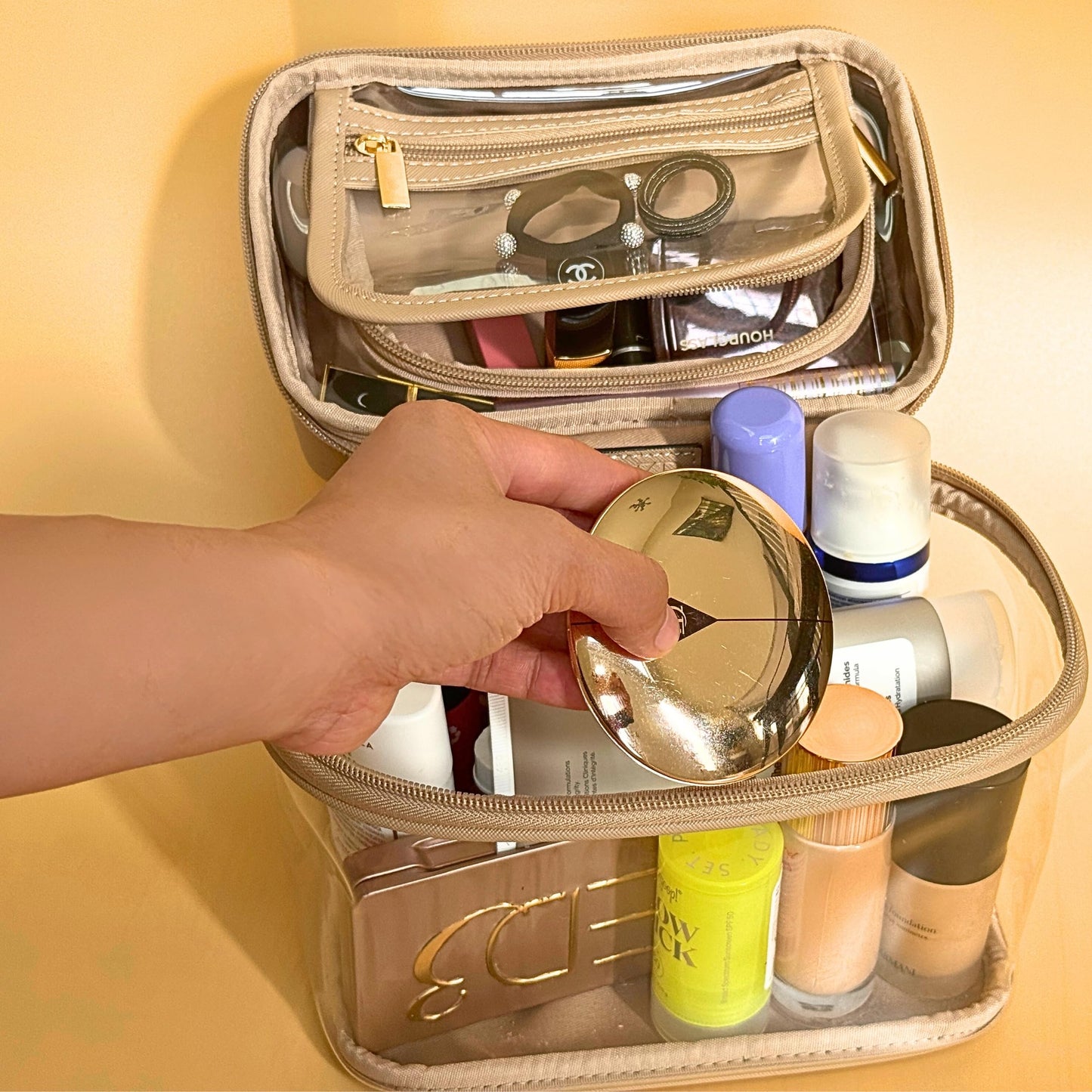 JAZD Clear Makeup Bag Toiletry Bag for Women Cosmetic Large Capacity Travel Make Up Bag Organizer Transparent Train Case TSA Approved, BEIGE, Tranparent Makeup Bag With Top Handle