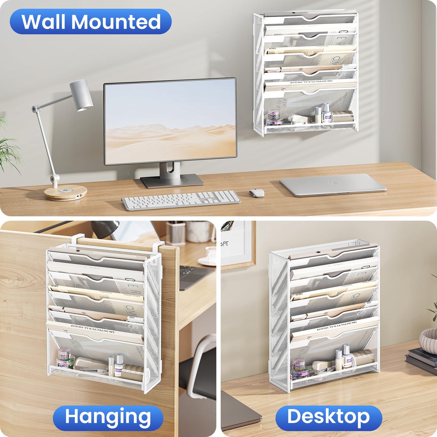 SUBEKYU 6-Tier A4 Wall Mounted File Organiser, Magazine File Holder for Mails Folders Papers, Vertical Document Organiser for Office Home, Metal Mesh - White