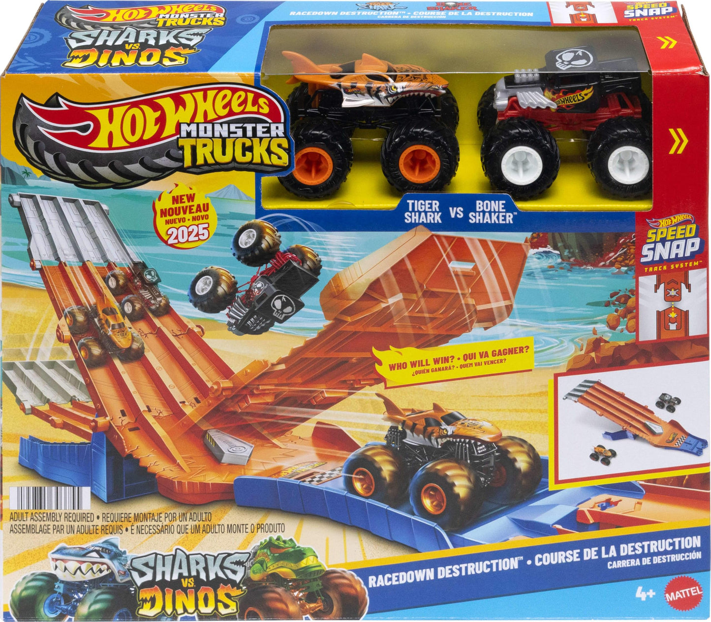Hot Wheels Toy Monster Trucks Track Set with 1:64 Scale Mega-Wrex & Tiger Shark, Competitive Racing, Sharks vs. Dinos Racedown Destruction Playset