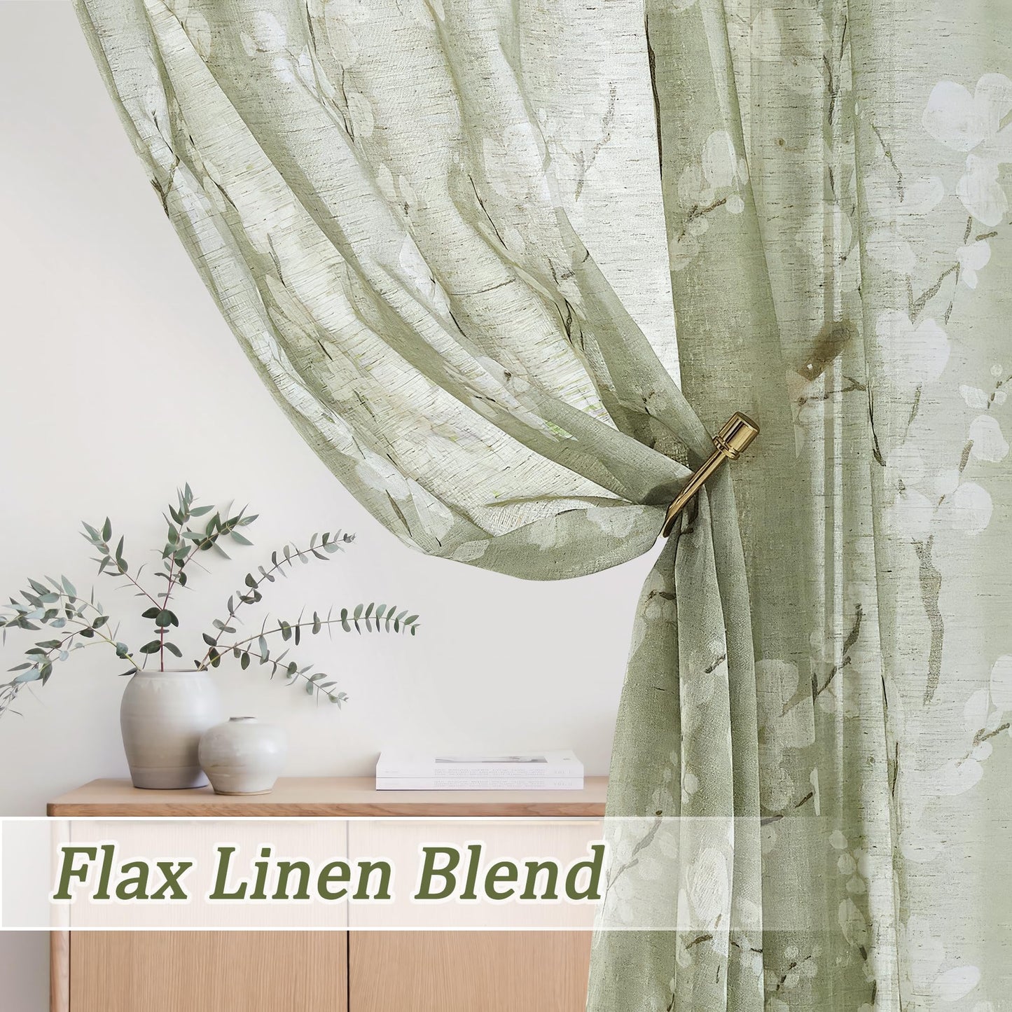 FMFUNCTEX Sage Green Sheer Curtains for Living Room White Floral Print Curtains 84 Inches Long for Bedroom Plum Blossom Flax Linen Blend Drapes Semi Sheer Rod Pocket Window Curtains 2 Panels Green