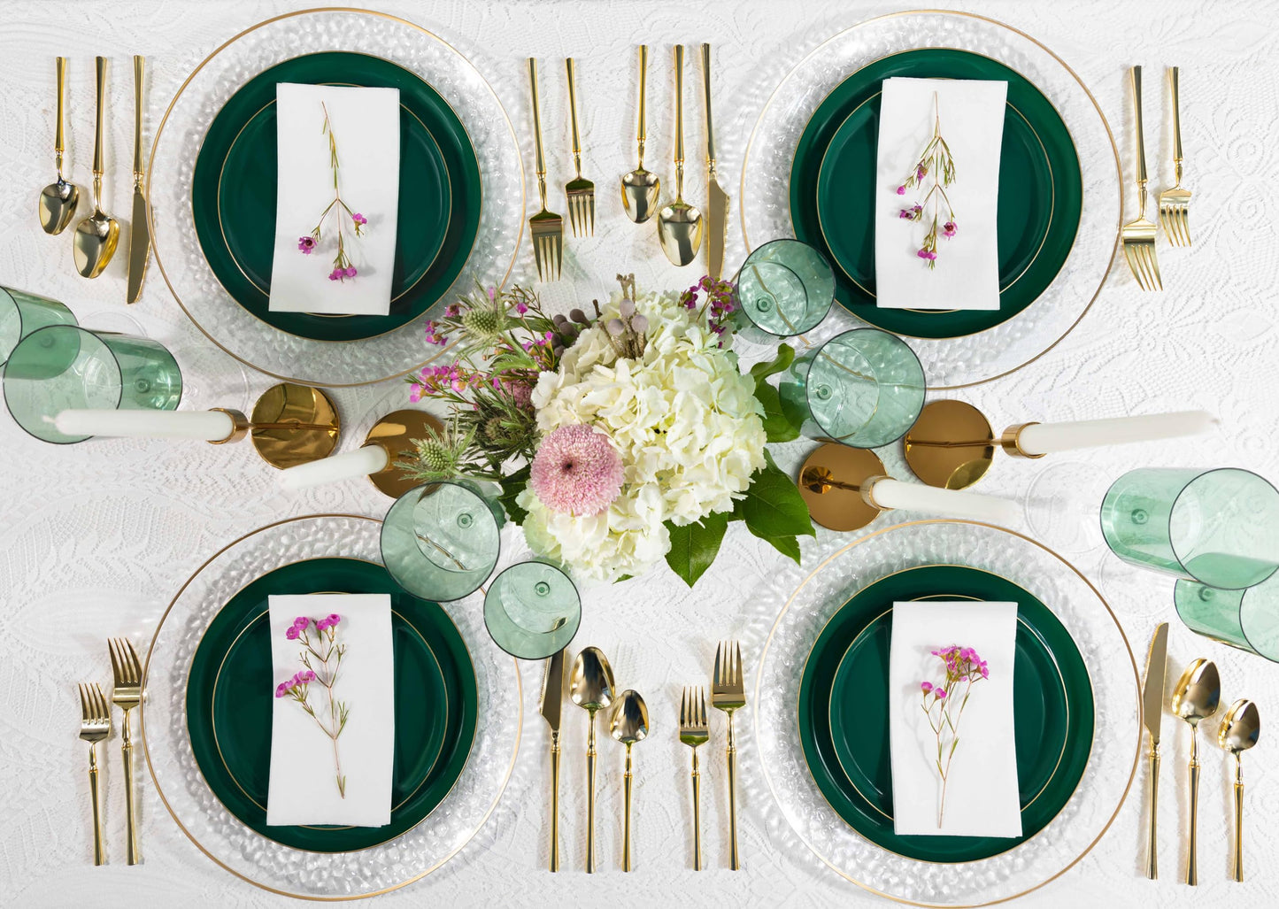 PLASTICPRO 40 Piece Combo Plates Set includes 20-6.3'' inch Plates & 20-8.6'' inch Plate Emerald Green Plastic with Gold Rim Design Party, Festival, Wedding, Plate, Disposable, Tableware, Dishes