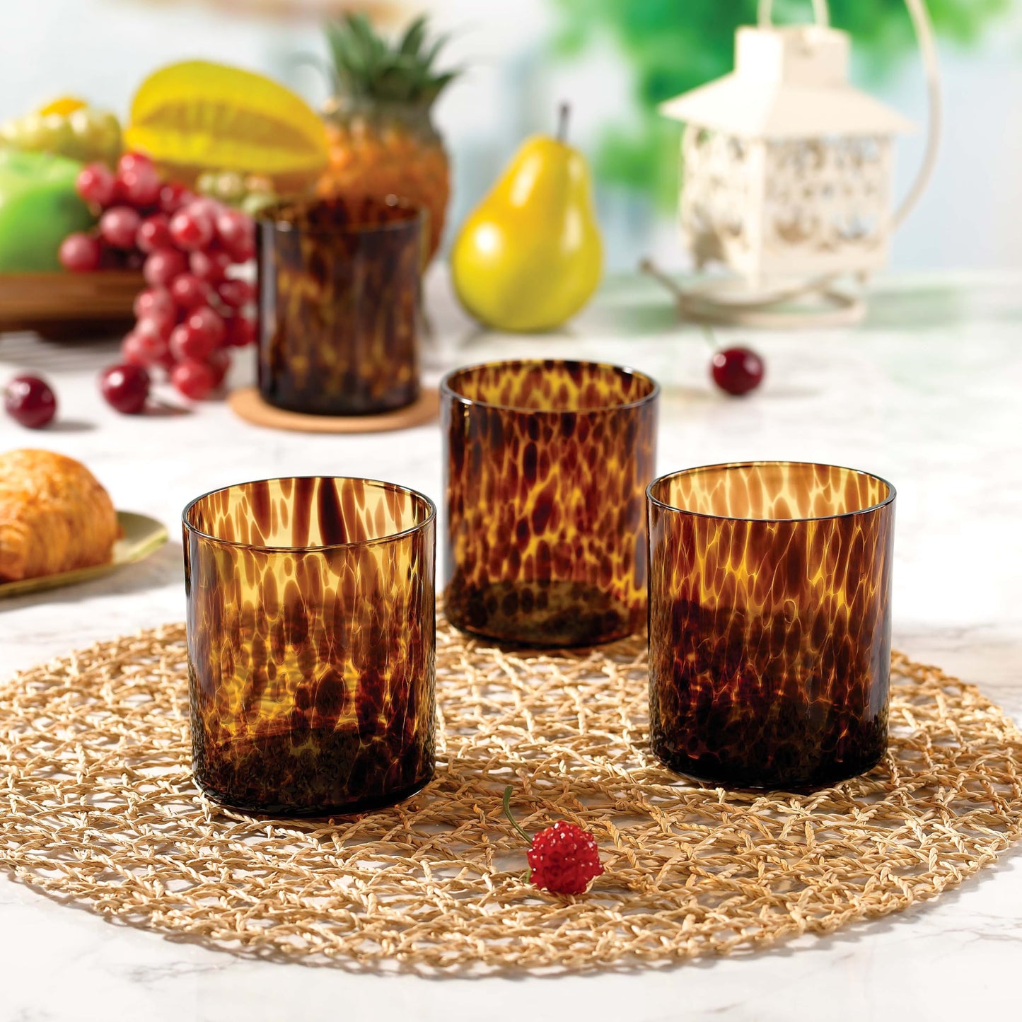 Joseph Sedgh Collection Tortoise Shell DOF Lowball Glass Set of 4 – 10.15 oz Borosilicate Whiskey & Cocktail Glasses – Stylish, Lead-Free, Dishwasher Safe – Gift Box Included