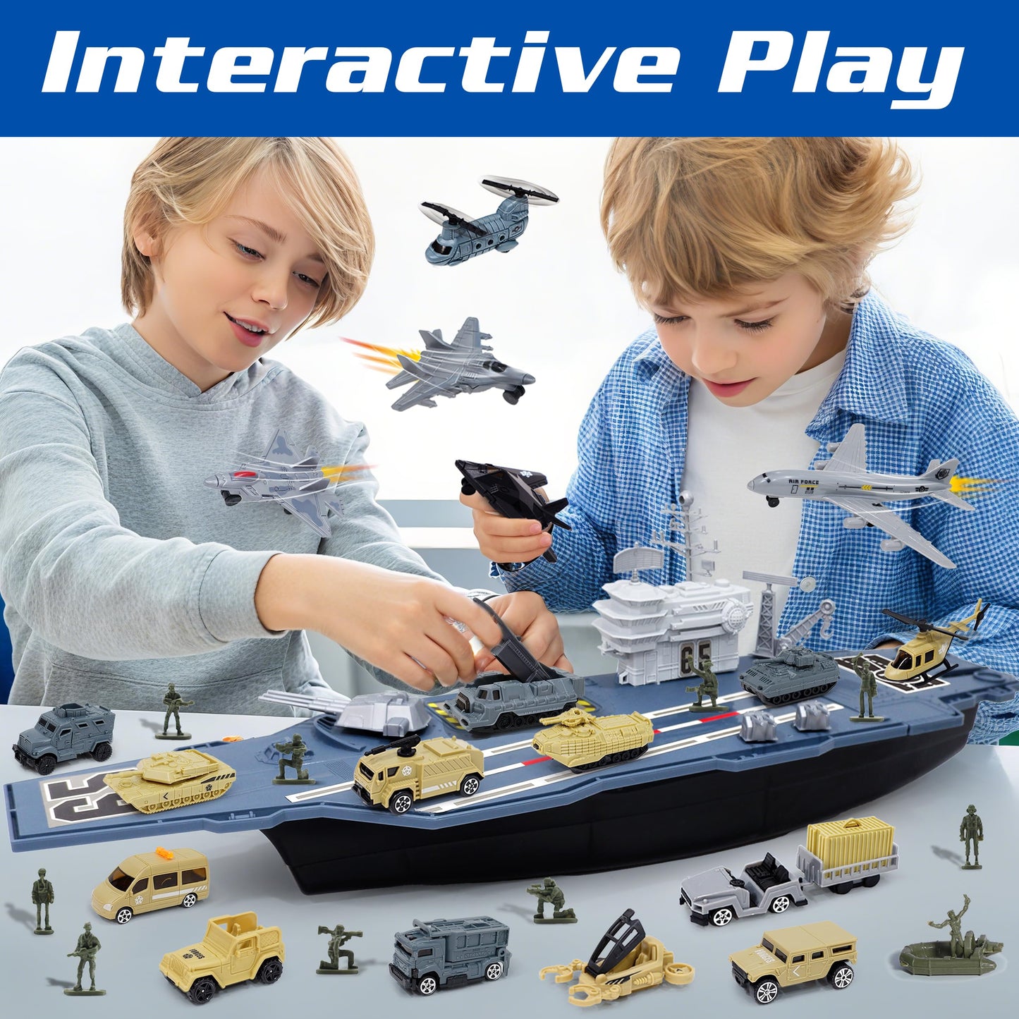 28 Inches Military Aircraft Carrier Toys, Army Toys Playset with 18 Vehicles, Battleship Tank Airplane Helicopter Fighter Jets and Army Men Action Figures for Boys Girls Imaginary Pretend Play