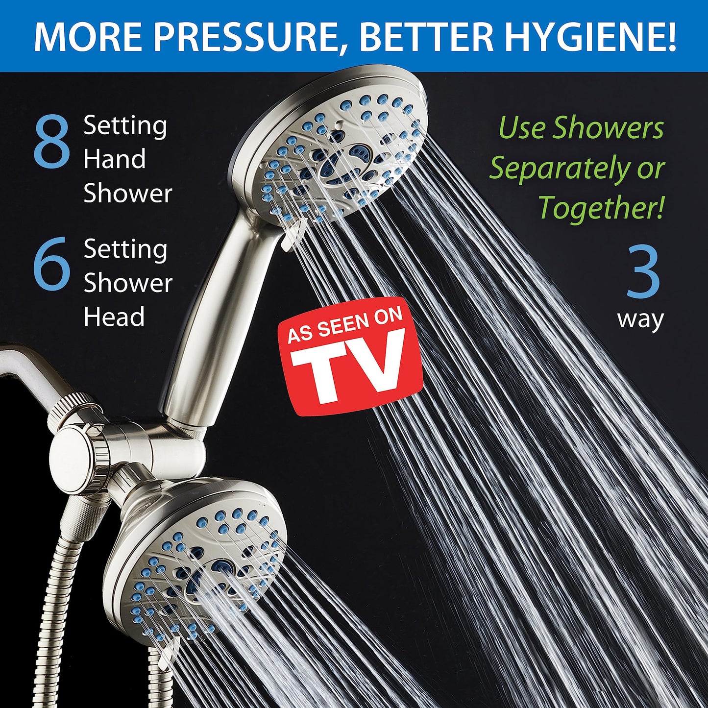 AquaCare As-Seen-On-TV High Pressure 48-setting Rain & Handheld 3-way Shower Head Combo - Anti-clog Nozzles/Tub, Tile & Pet Power Wash/Extra Long 6 ft. Stainless Steel Hose/Satin Nickel Finish