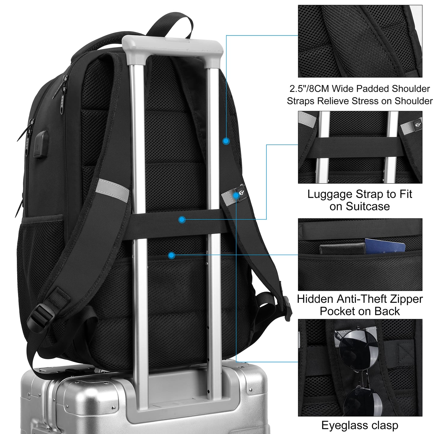 Backpack, Laptop Backpack, Carry on Backpack, Durable Large 17.3 Inch TSA Friendly Business Travel Laptop Backpack with USB Port, College School Bag Gift for Men Women Teens Bookbag, Black