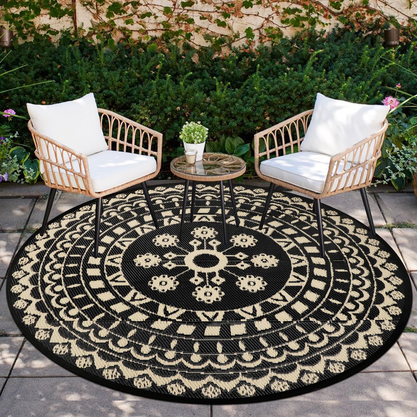 Capslpad 6'x6' Outdoor Rug for Patio Reversible Mat Waterproof Plastic Straw Rug Boho Circle Indoor Outside Area Rug for RV Camping Picnic Pool Tent Balcony Beach Deck Doormats Decor