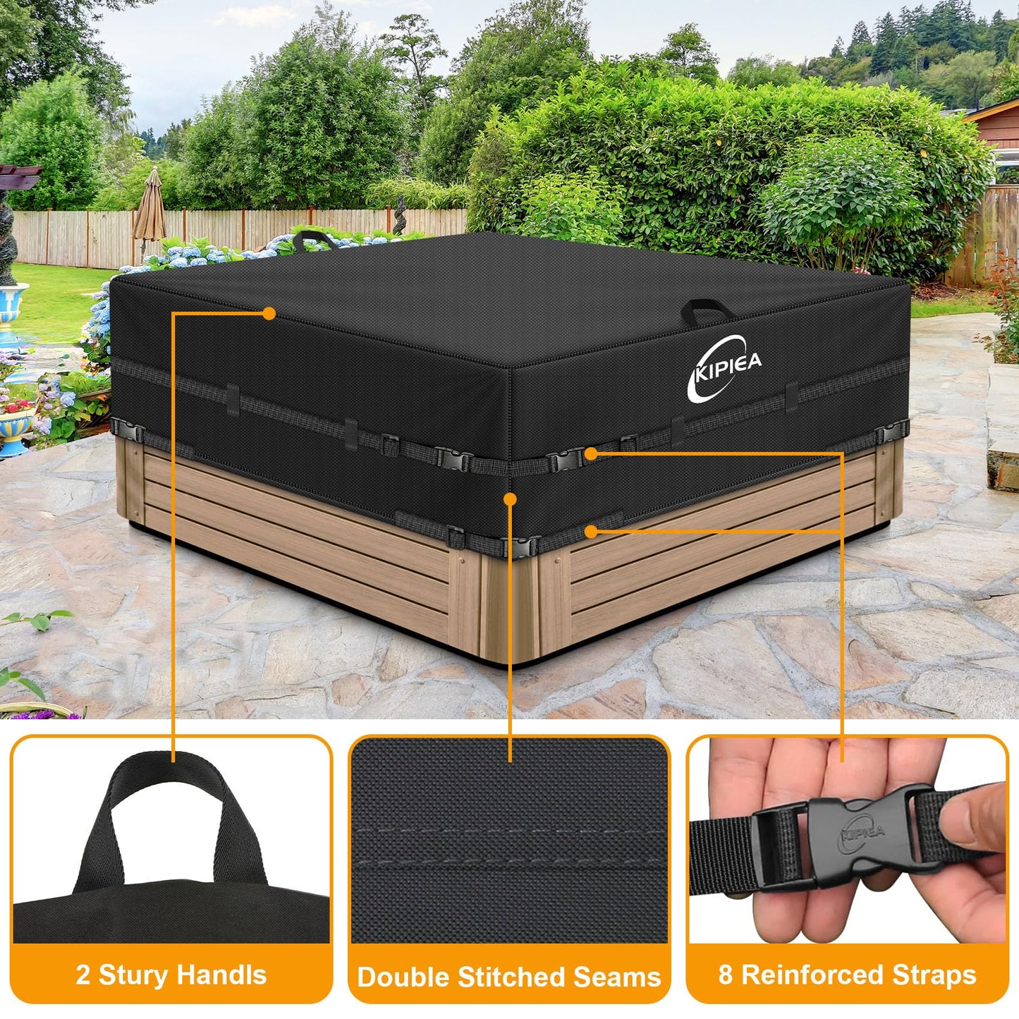 Kipiea Waterproof Square Hot Tub Cover Protector, Heavy Duty Polyester SPA Cover UV Protection Cover for Hot Tub (93" L x 93" W x 20" H)
