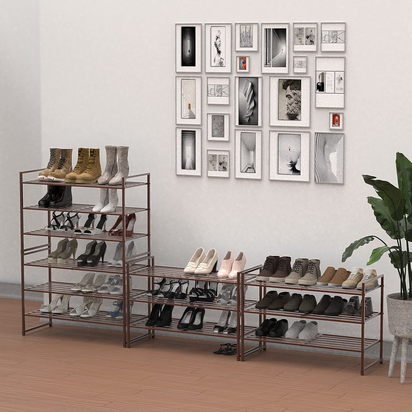 Simple Houseware 3-Tier Stackable Metal Panel Shoe Racks with Shelves for Storage Organizer, Bronze