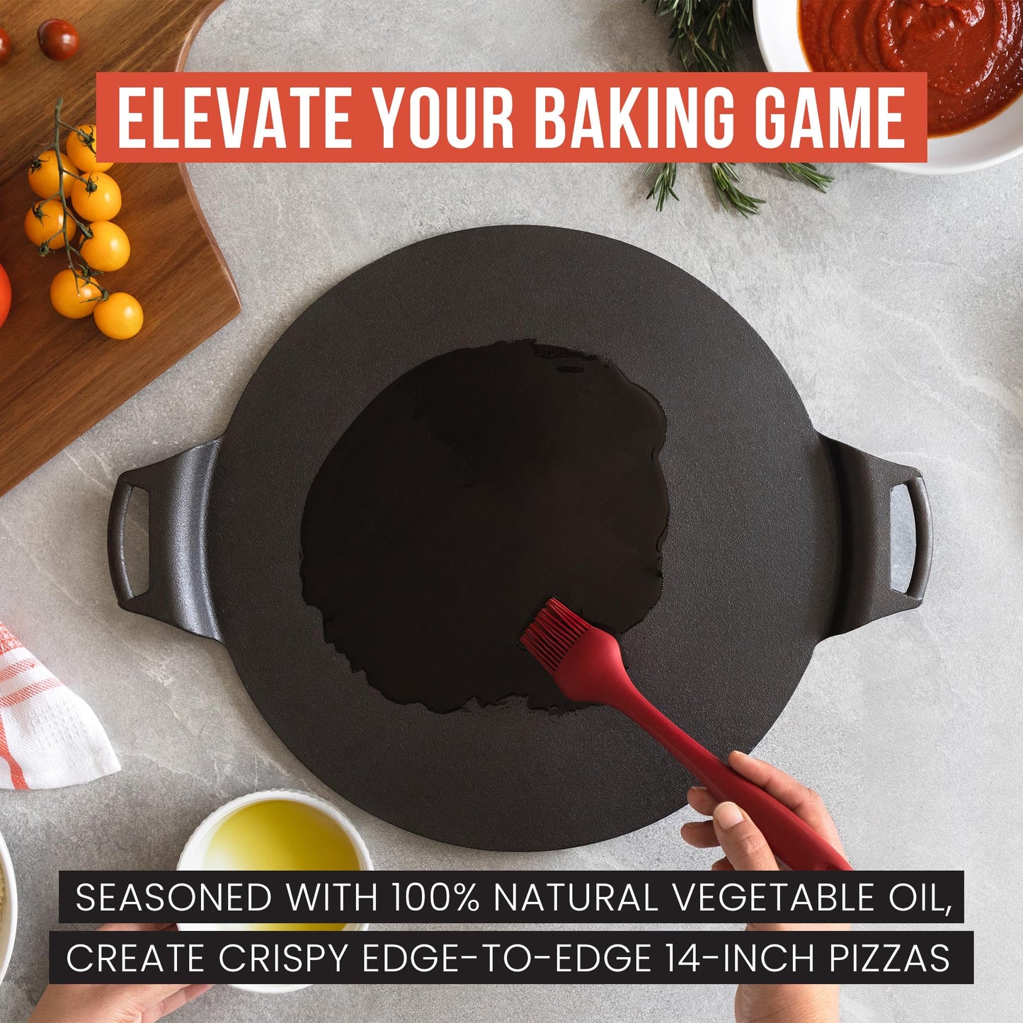 Chef Pomodoro Cast Iron Pizza Pan, Inch Pre-Seasoned Skillet, with Handles, Baking Pan, Round Griddle for Dosa Tawa Roti, Comal for Tortillas, Baking Stove, Oven, Grill BBQ and Campfire (15-inch)