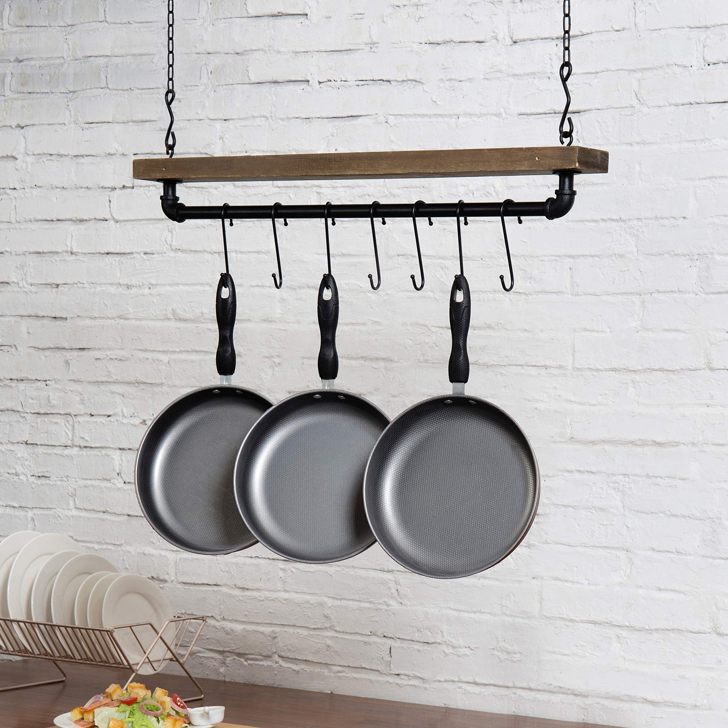 MyGift - Hanging shelf for pots, pans and pots, made of wood and industrial pipe, includes 8 adjustable hooks
